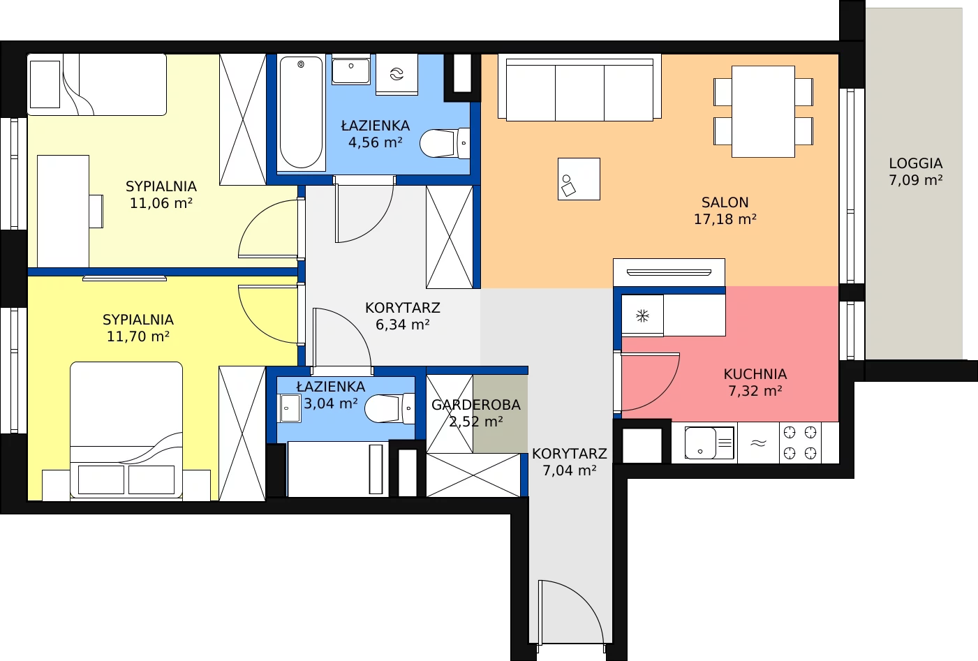 Nowe mieszkanie, 70,76 m², 3 pokoje, 6 piętro, oferta nr C/70