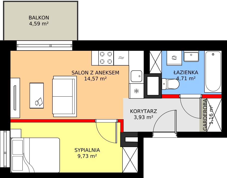 2 pokoje, mieszkanie 34,10 m², piętro 1, oferta nr A/98, Osiedle Myśliborska, Warszawa, Białołęka, Żerań, ul. Myśliborska / Ochorowicza