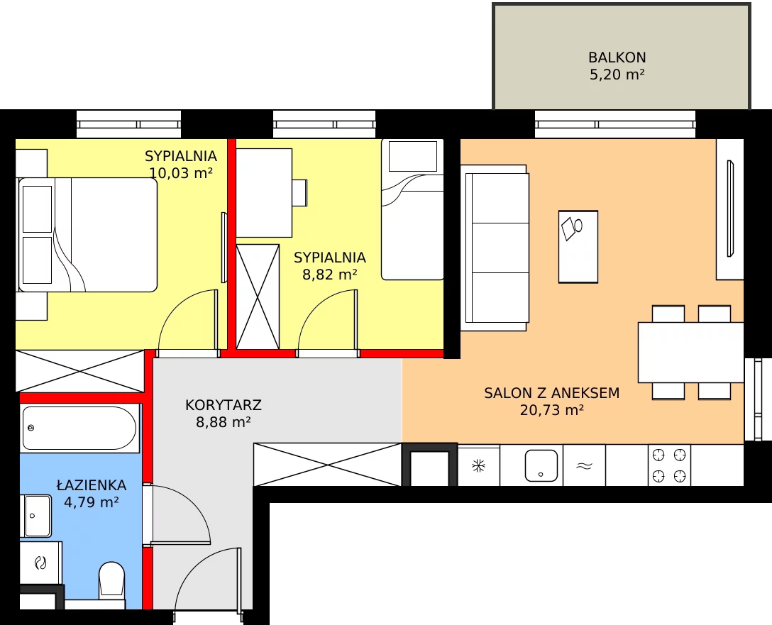 3 pokoje, mieszkanie 53,25 m², piętro 1, oferta nr A/45, Osiedle Myśliborska, Warszawa, Białołęka, Żerań, ul. Myśliborska / Ochorowicza