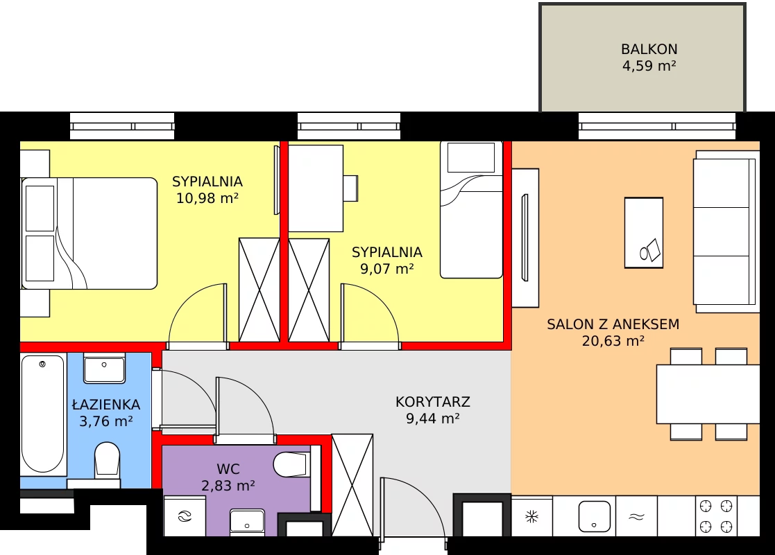 3 pokoje, mieszkanie 56,71 m², piętro 2, oferta nr A/21, Osiedle Myśliborska, Warszawa, Białołęka, Żerań, ul. Myśliborska / Ochorowicza