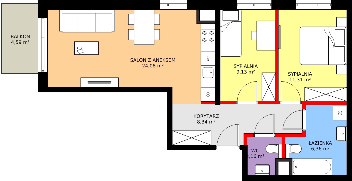 3 pokoje, mieszkanie 61,38 m², piętro 1, oferta nr A/96, Osiedle Myśliborska, Warszawa, Białołęka, Żerań, ul. Myśliborska / Ochorowicza