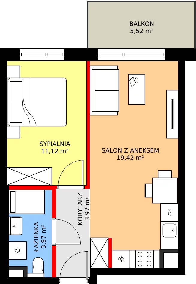 2 pokoje, mieszkanie 38,48 m², piętro 1, oferta nr A/6, Osiedle Myśliborska, Warszawa, Białołęka, Żerań, ul. Myśliborska / Ochorowicza