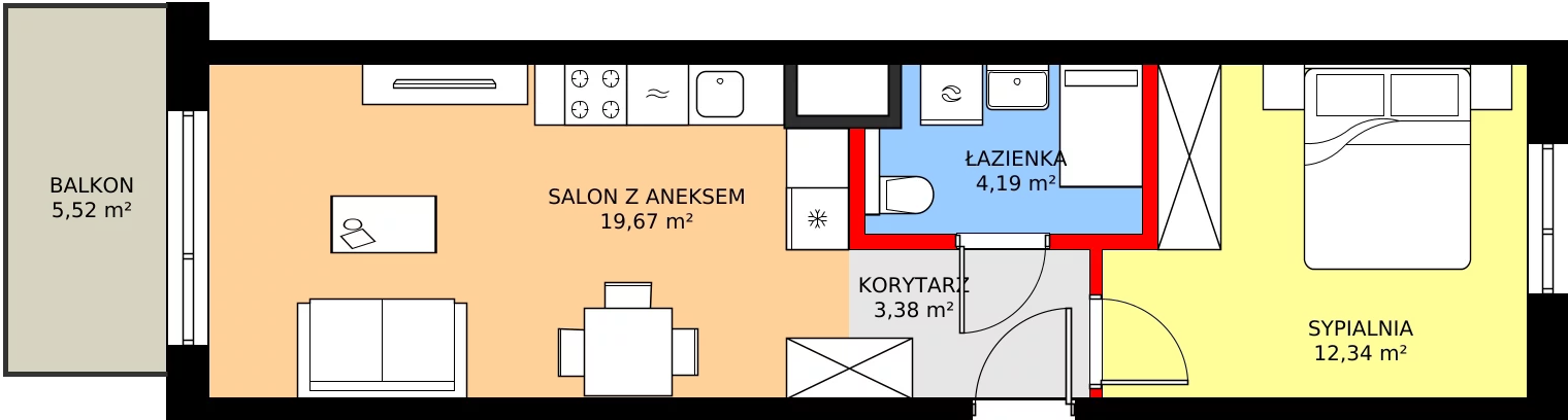 2 pokoje, mieszkanie 39,58 m², piętro 1, oferta nr B/22, Osiedle Myśliborska, Warszawa, Białołęka, Żerań, ul. Myśliborska / Ochorowicza