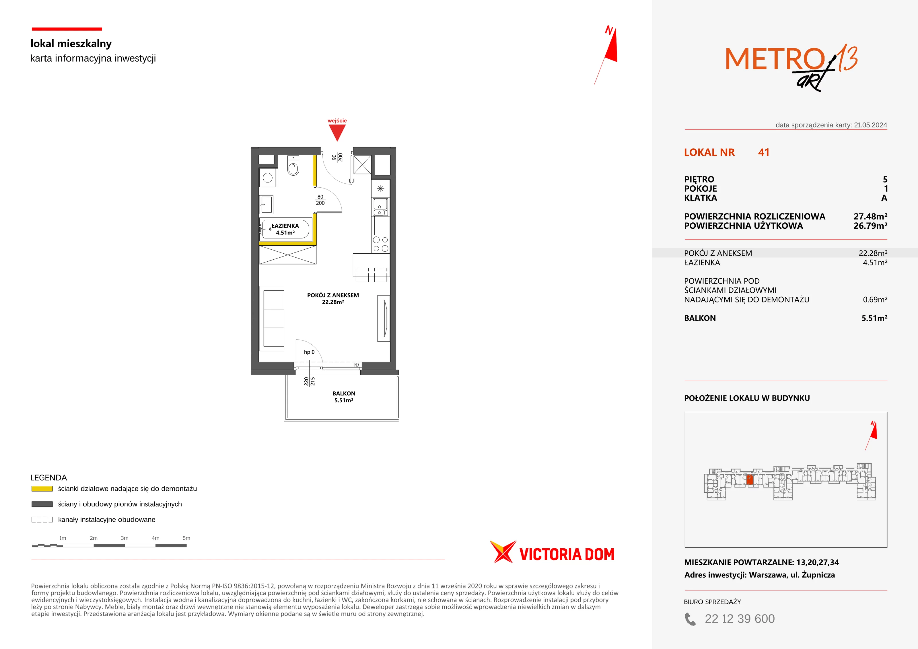 Mieszkanie 27,48 m², piętro 5, oferta nr XIII/41, Metro Art 13, Warszawa, Praga Południe, Kamionek, ul. Żupnicza