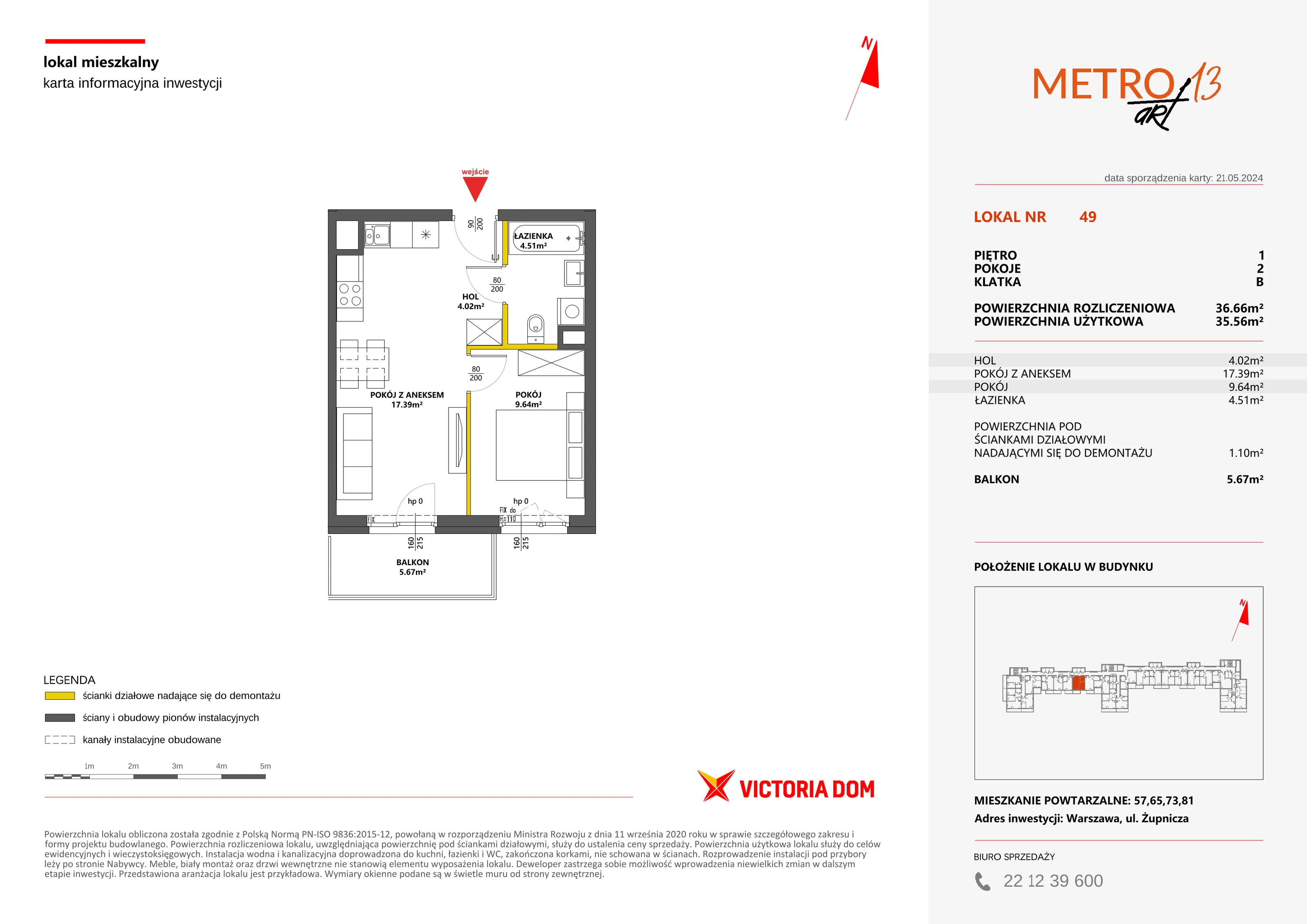 Mieszkanie 36,66 m², piętro 1, oferta nr XIII/49, Metro Art 13, Warszawa, Praga Południe, Kamionek, ul. Żupnicza