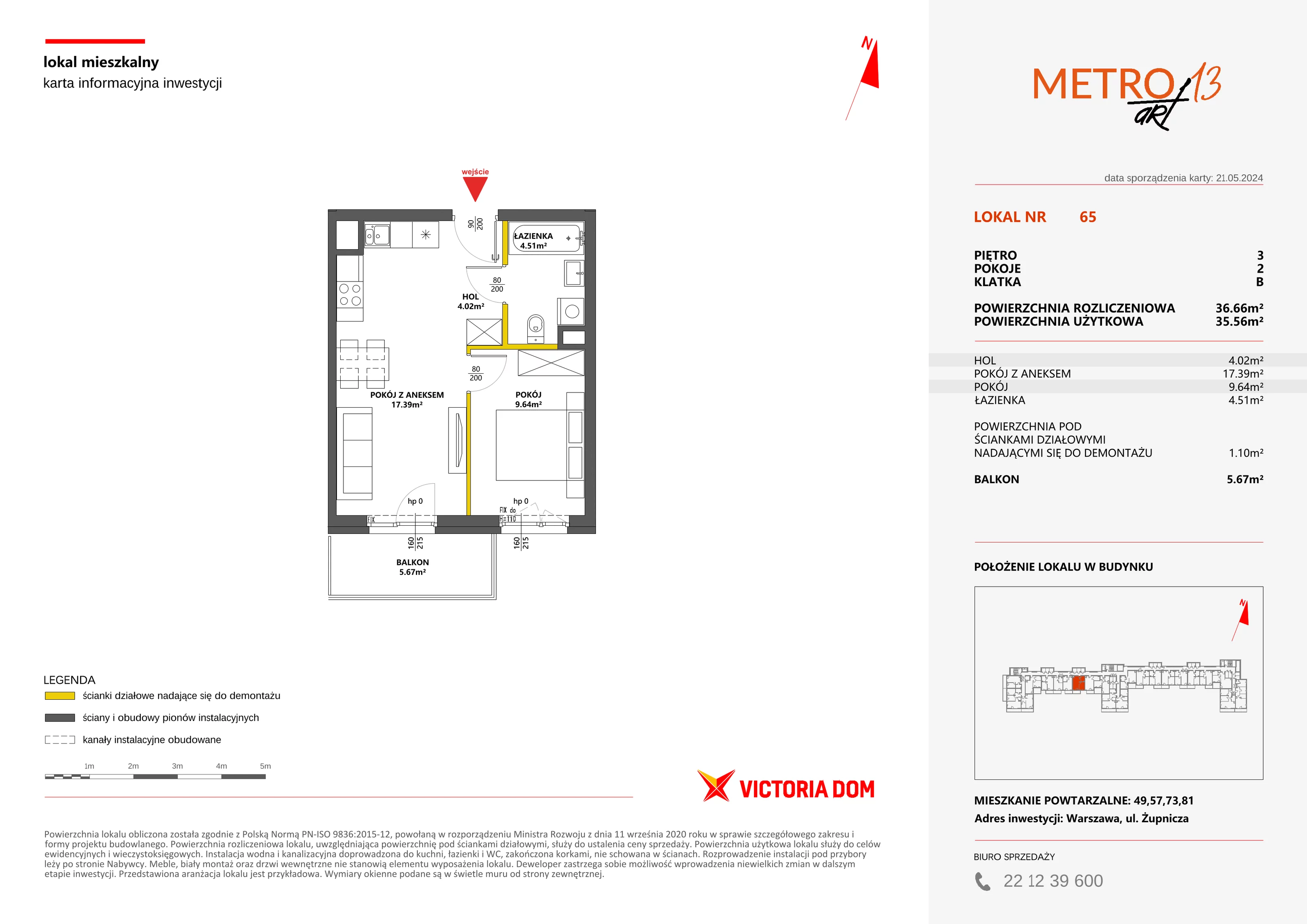 Mieszkanie 36,66 m², piętro 3, oferta nr XIII/65, Metro Art 13, Warszawa, Praga Południe, Kamionek, ul. Żupnicza