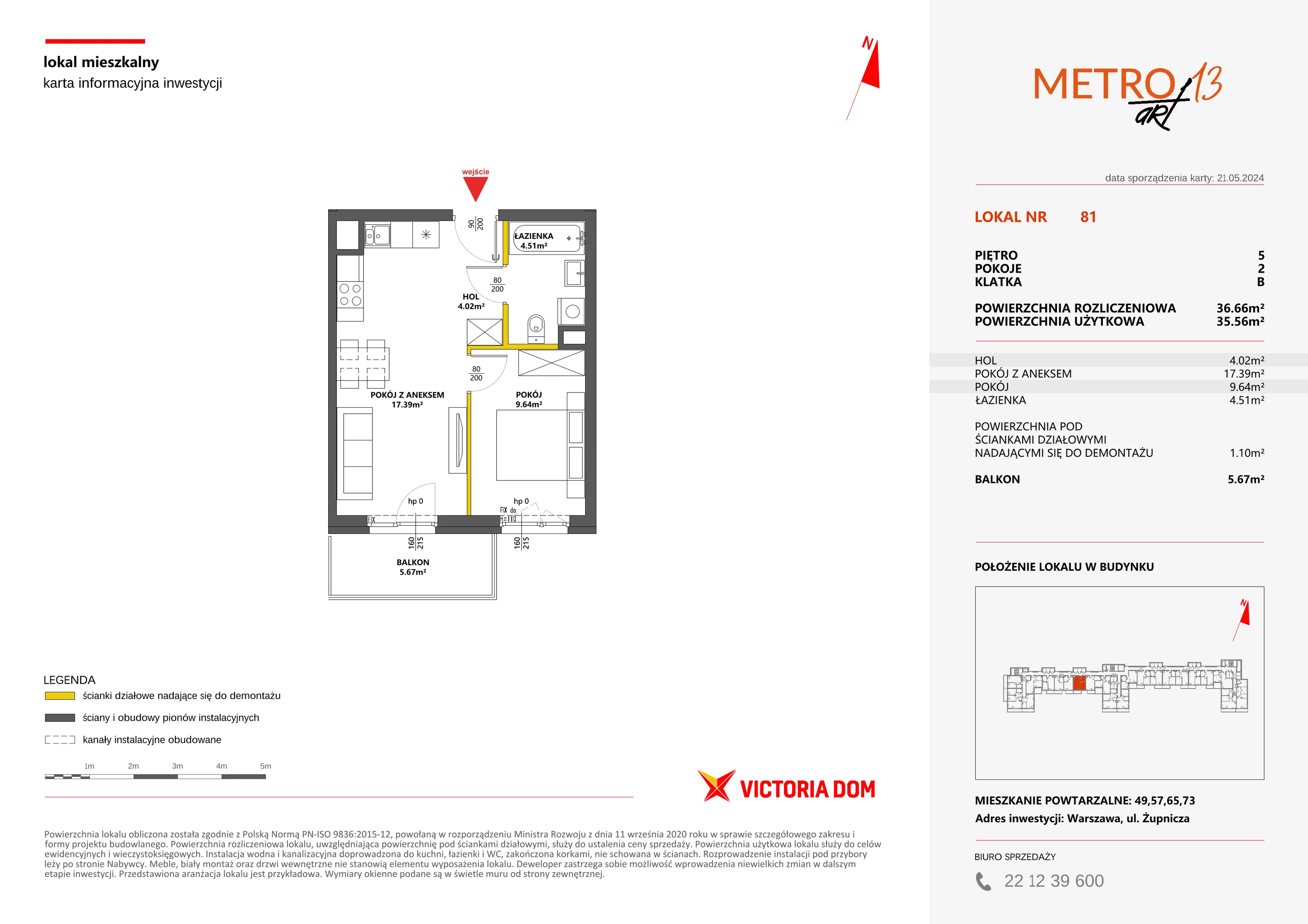 Mieszkanie 36,66 m², piętro 5, oferta nr XIII/81, Metro Art 13, Warszawa, Praga Południe, Kamionek, ul. Żupnicza