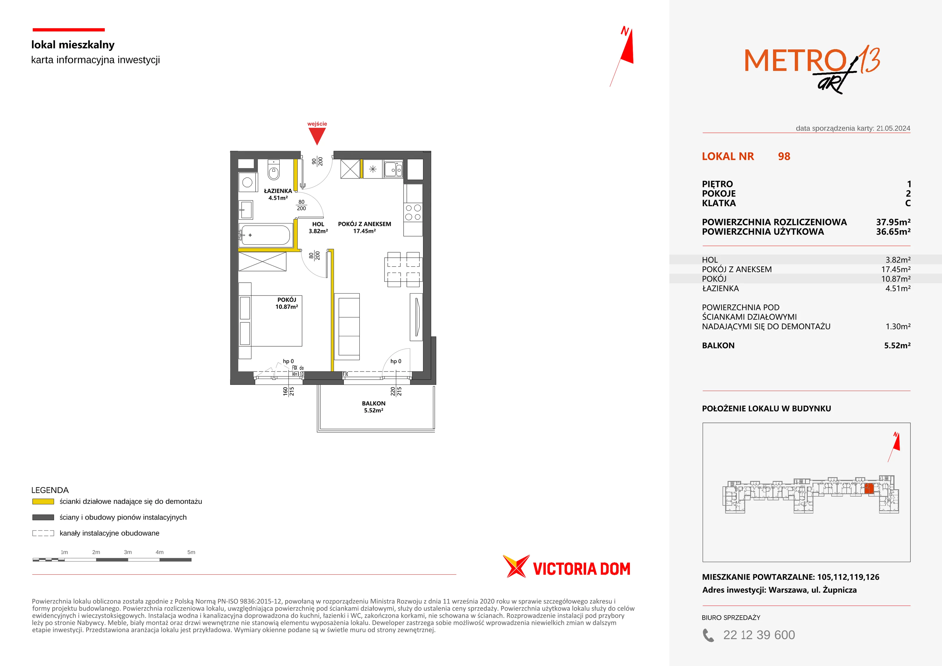 Mieszkanie 37,95 m², piętro 1, oferta nr XIII/98, Metro Art 13, Warszawa, Praga Południe, Kamionek, ul. Żupnicza