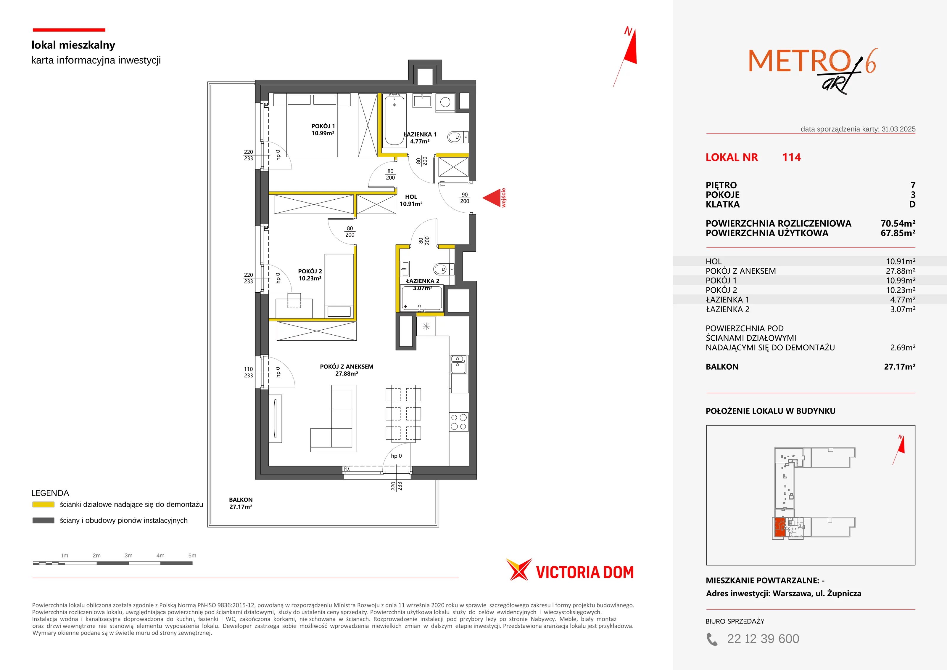 3 pokoje, mieszkanie 70,54 m², piętro 7, oferta nr VI/114, Metro Art 6, Warszawa, Praga Południe, Kamionek, ul. Żupnicza