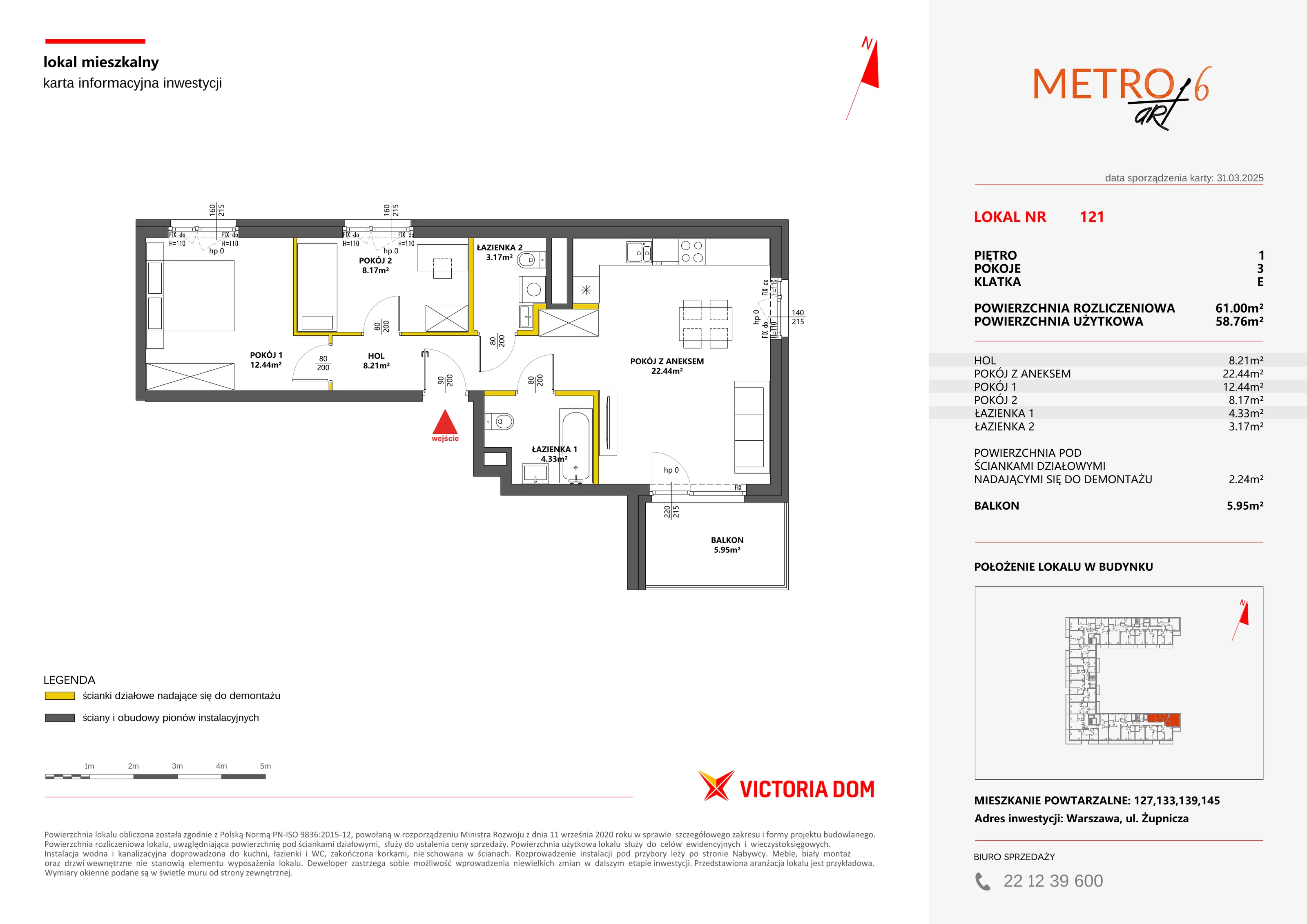 3 pokoje, mieszkanie 61,00 m², piętro 1, oferta nr VI/121, Metro Art 6, Warszawa, Praga Południe, Kamionek, ul. Żupnicza