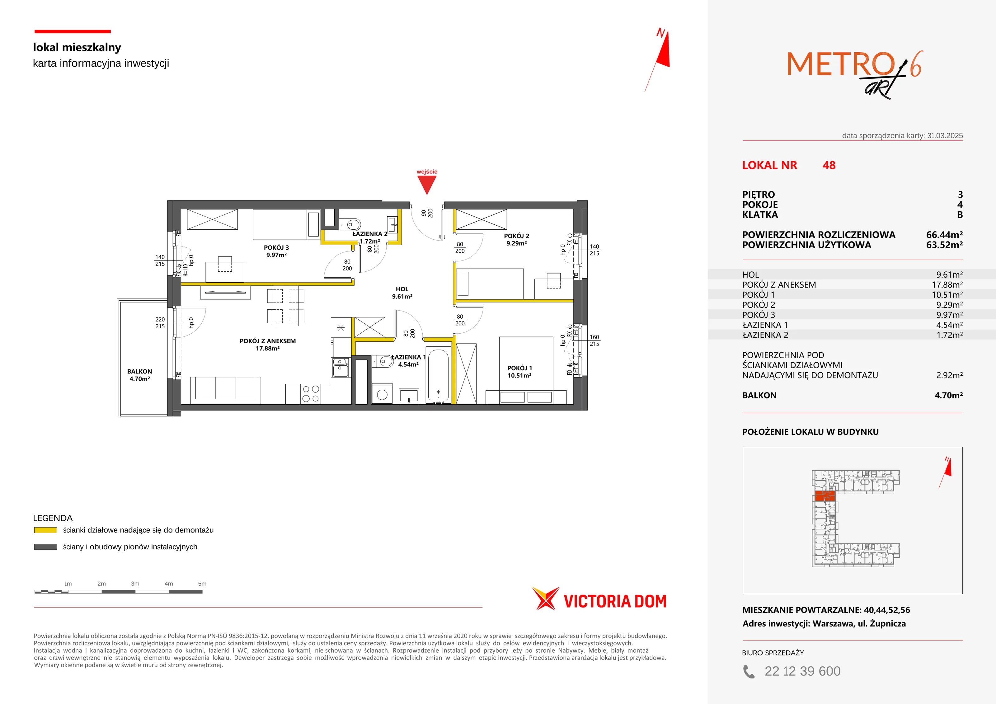 4 pokoje, mieszkanie 66,44 m², piętro 3, oferta nr VI/48, Metro Art 6, Warszawa, Praga Południe, Kamionek, ul. Żupnicza