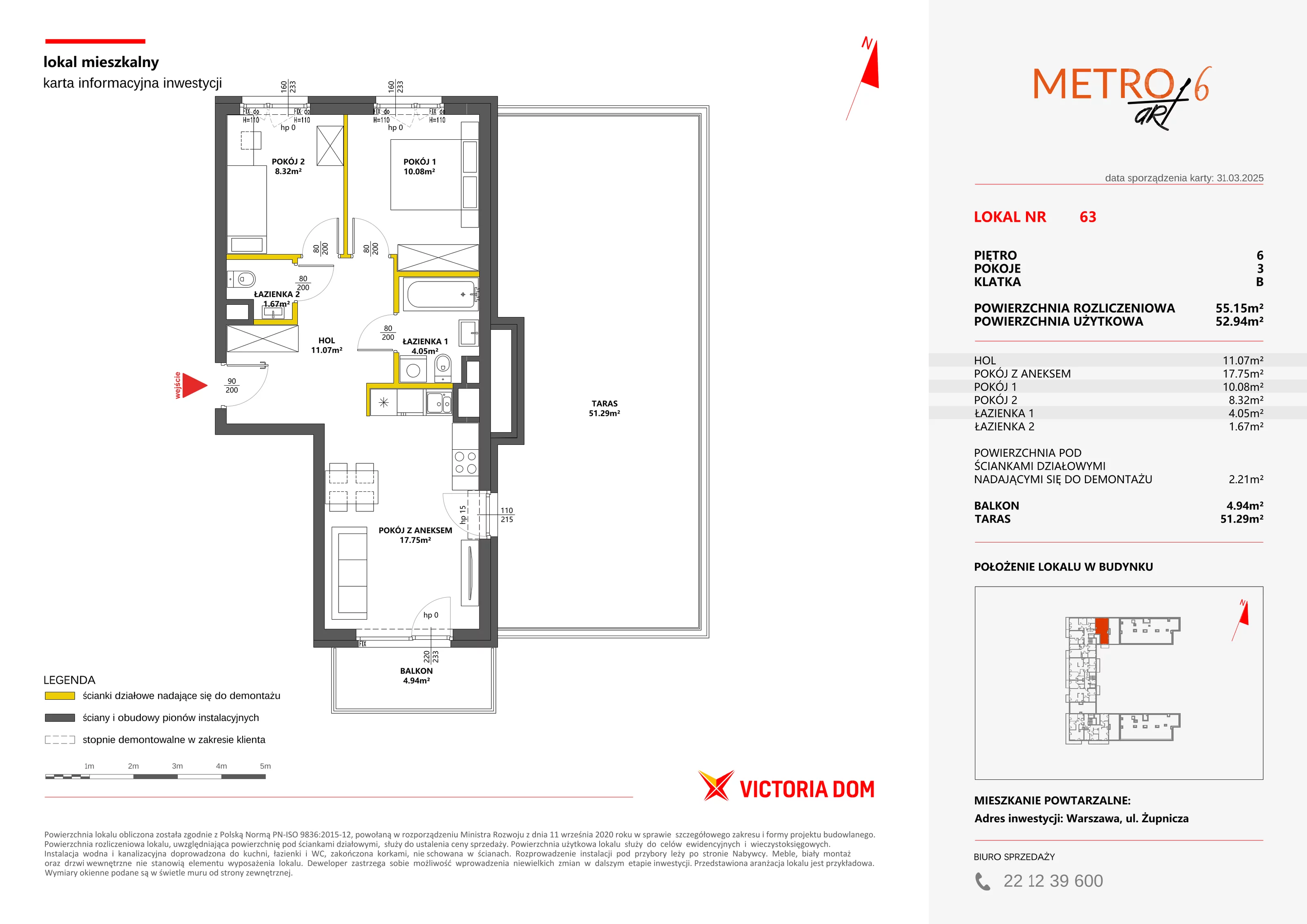 3 pokoje, mieszkanie 55,15 m², piętro 6, oferta nr VI/63, Metro Art 6, Warszawa, Praga Południe, Kamionek, ul. Żupnicza