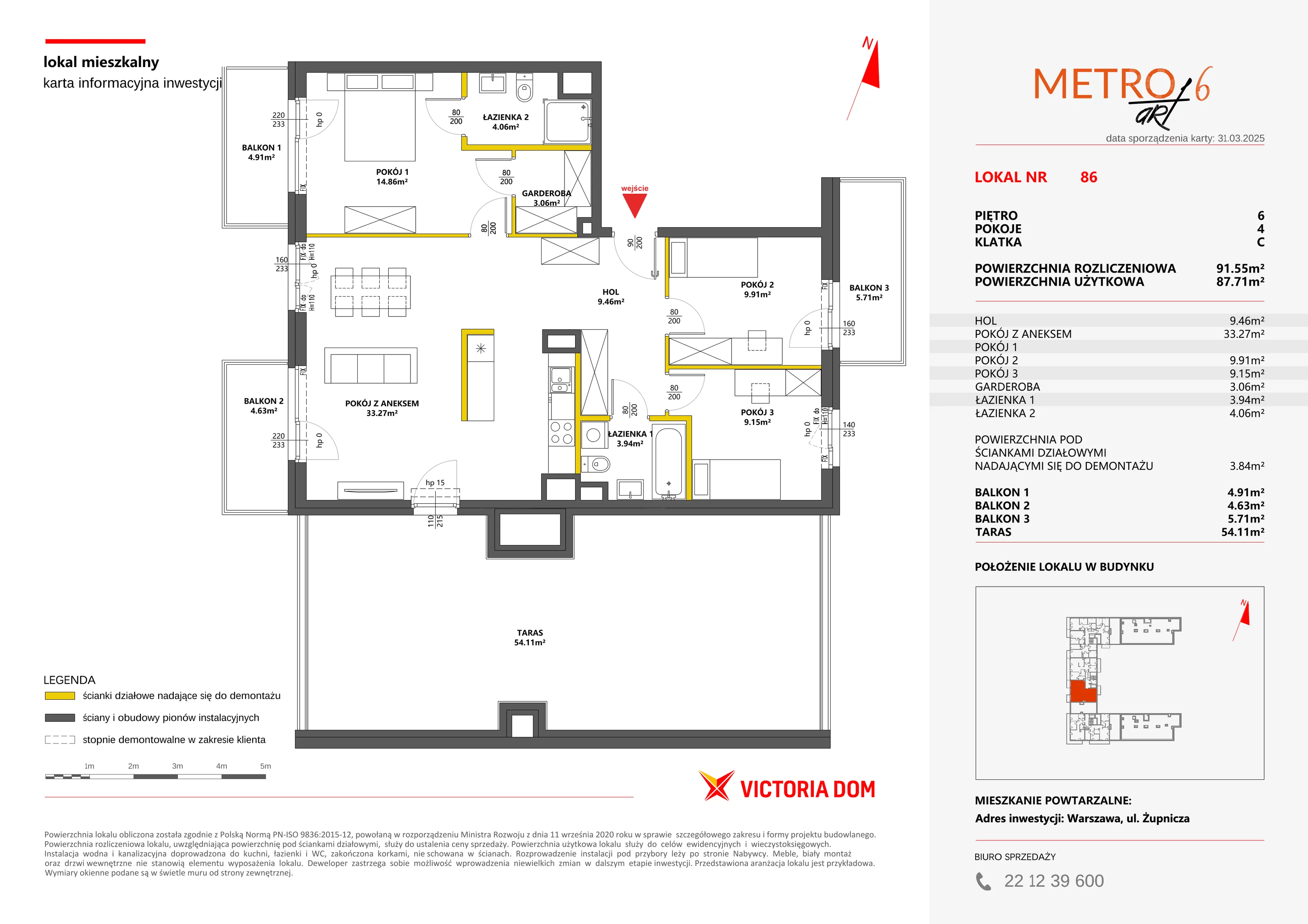 4 pokoje, mieszkanie 91,55 m², piętro 6, oferta nr VI/86, Metro Art 6, Warszawa, Praga Południe, Kamionek, ul. Żupnicza