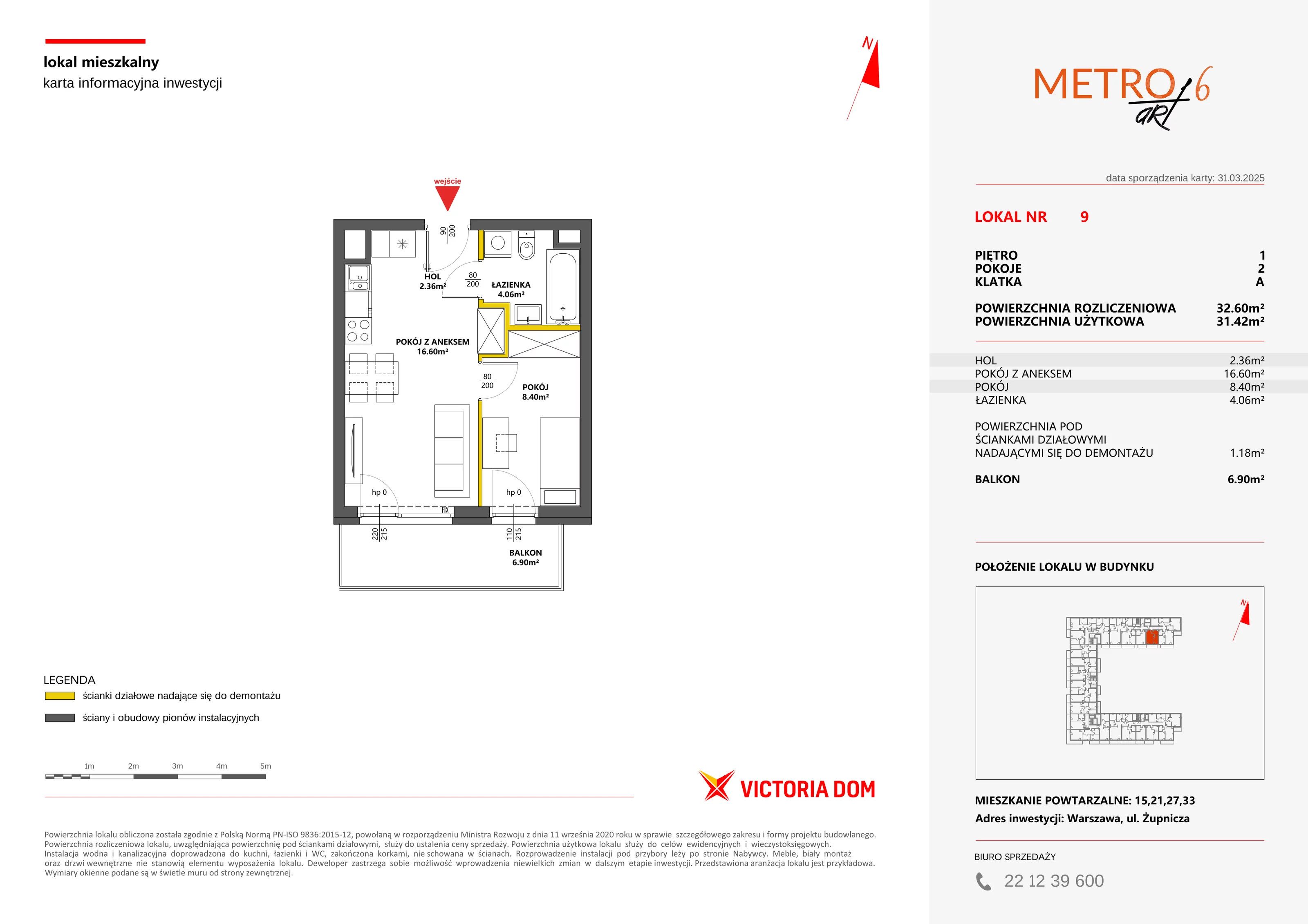 2 pokoje, mieszkanie 32,60 m², piętro 1, oferta nr VI/9, Metro Art 6, Warszawa, Praga Południe, Kamionek, ul. Żupnicza