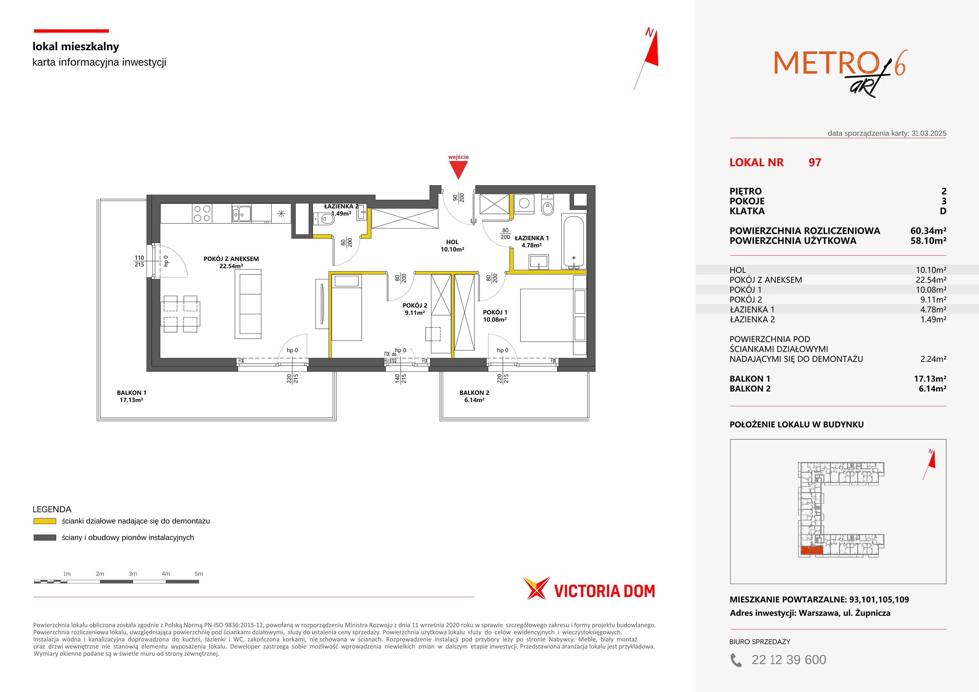 3 pokoje, mieszkanie 60,34 m², piętro 2, oferta nr VI/97, Metro Art 6, Warszawa, Praga Południe, Kamionek, ul. Żupnicza