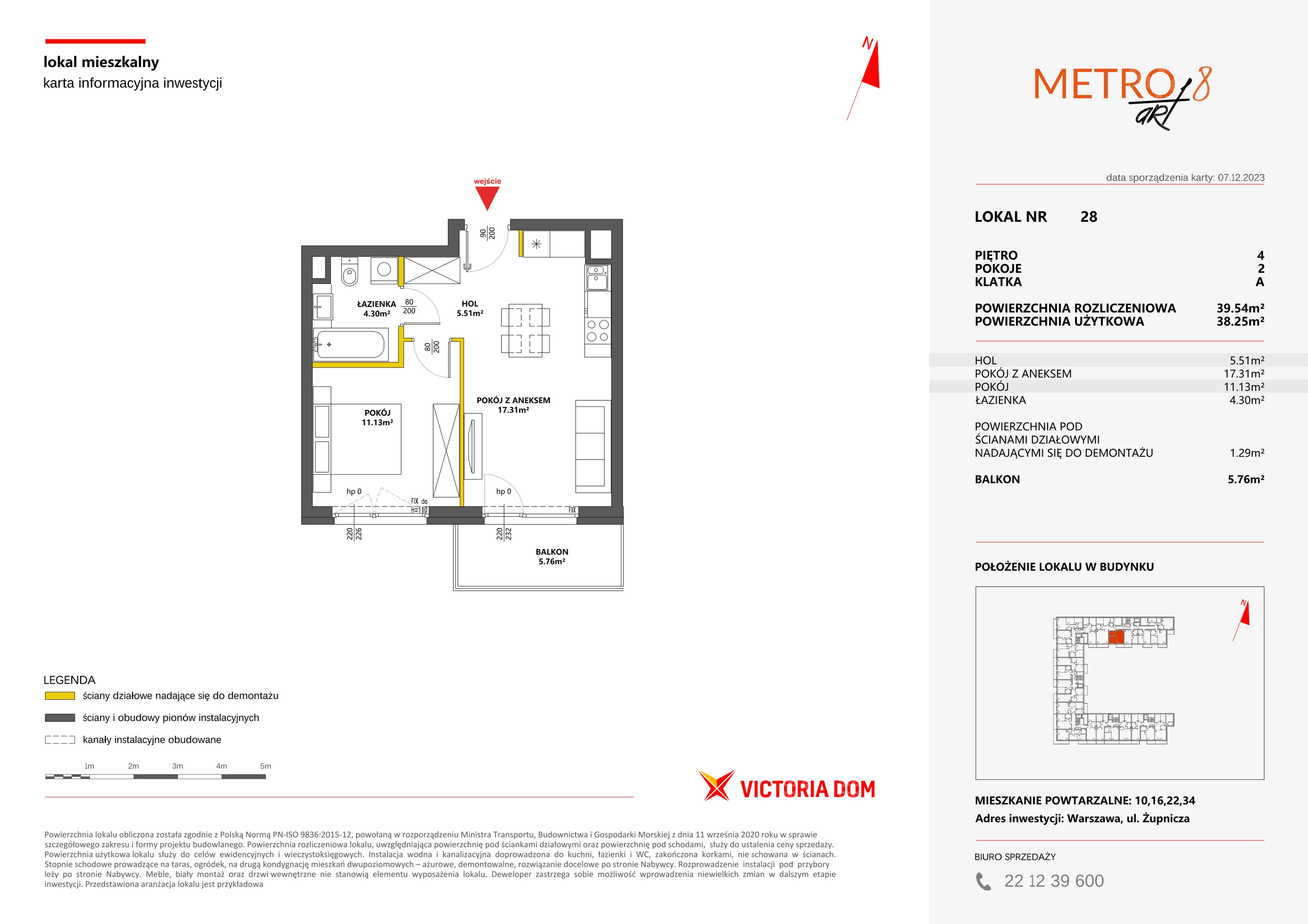 2 pokoje, mieszkanie 39,54 m², piętro 4, oferta nr VIII/28, Metro Art 8, Warszawa, Praga Południe, Kamionek, ul. Żupnicza