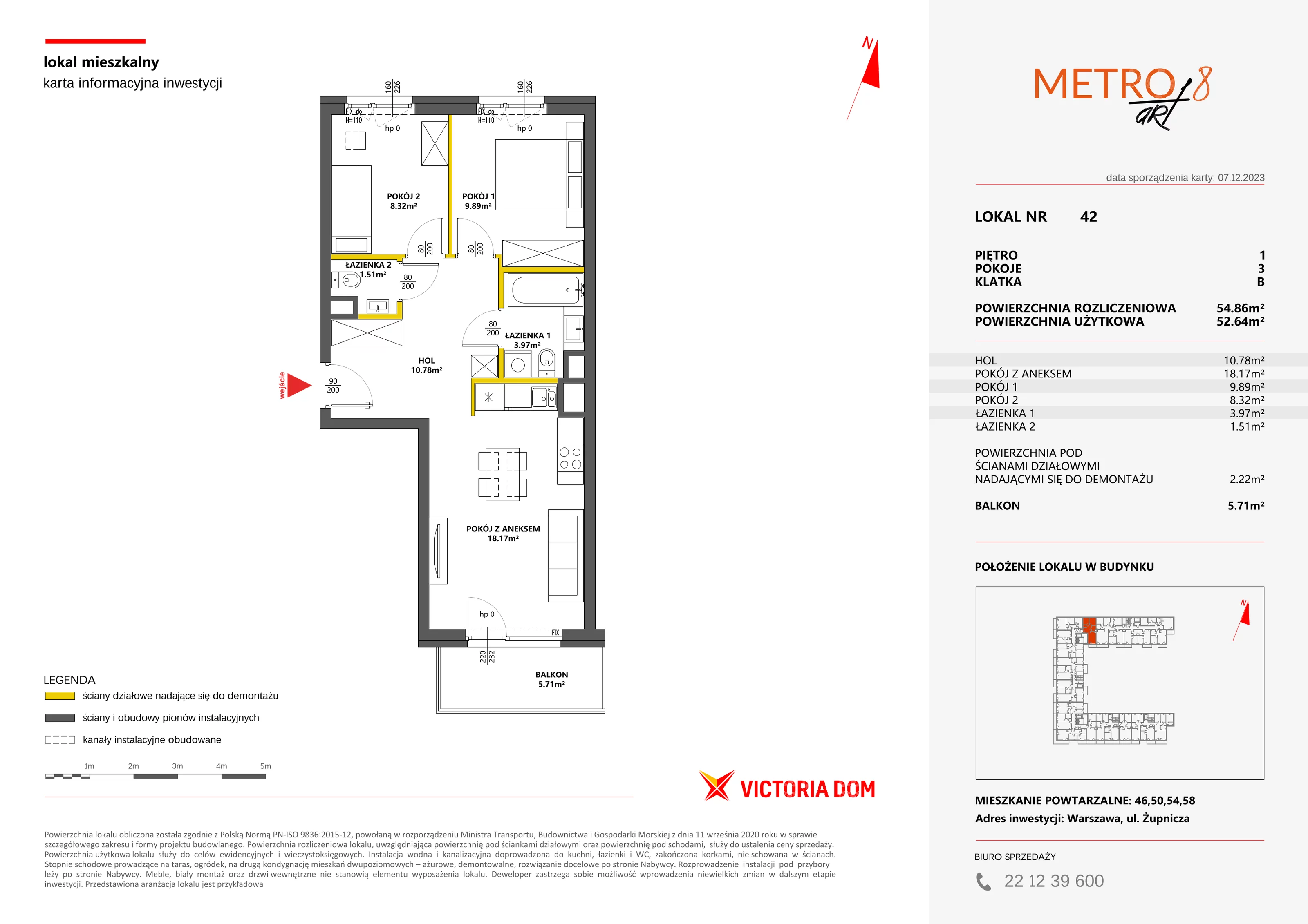 3 pokoje, mieszkanie 54,86 m², piętro 1, oferta nr VIII/42, Metro Art 8, Warszawa, Praga Południe, Kamionek, ul. Żupnicza