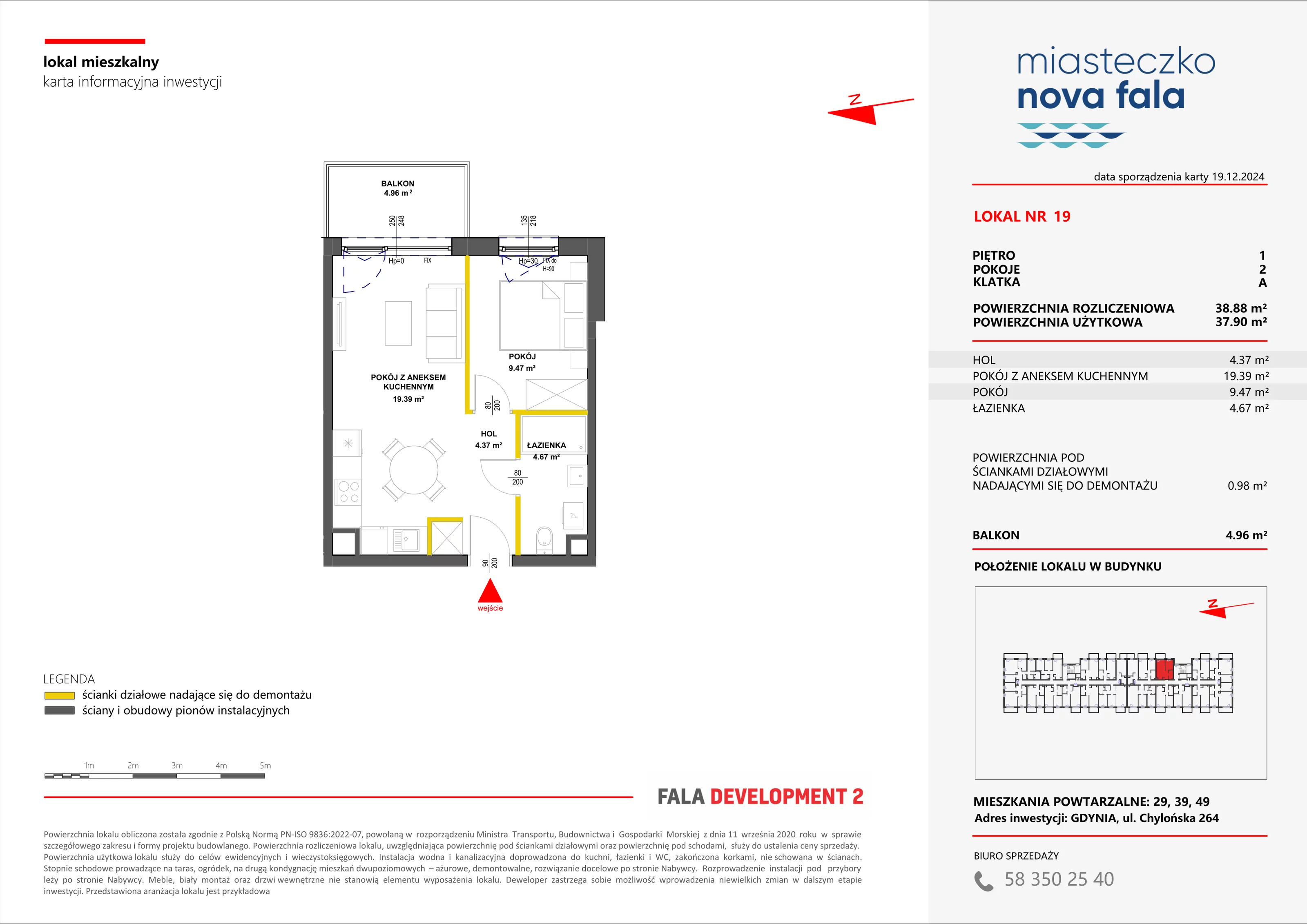 2 pokoje, mieszkanie 38,88 m², piętro 1, oferta nr 19, Miasteczko Nova Fala, Gdynia, Cisowa, ul. Chylońska 264