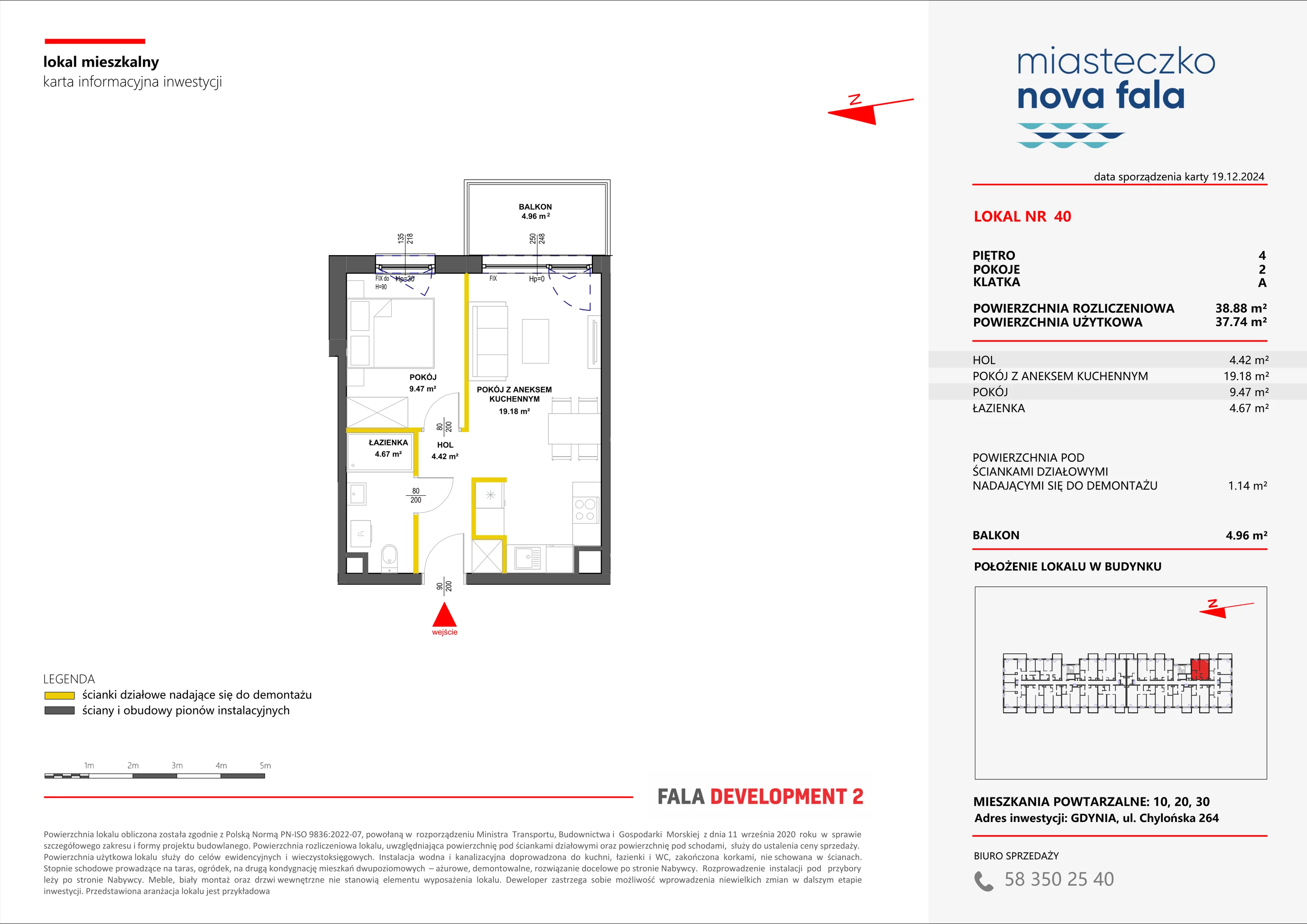 2 pokoje, mieszkanie 38,88 m², piętro 4, oferta nr 40, Miasteczko Nova Fala, Gdynia, Cisowa, ul. Chylońska 264