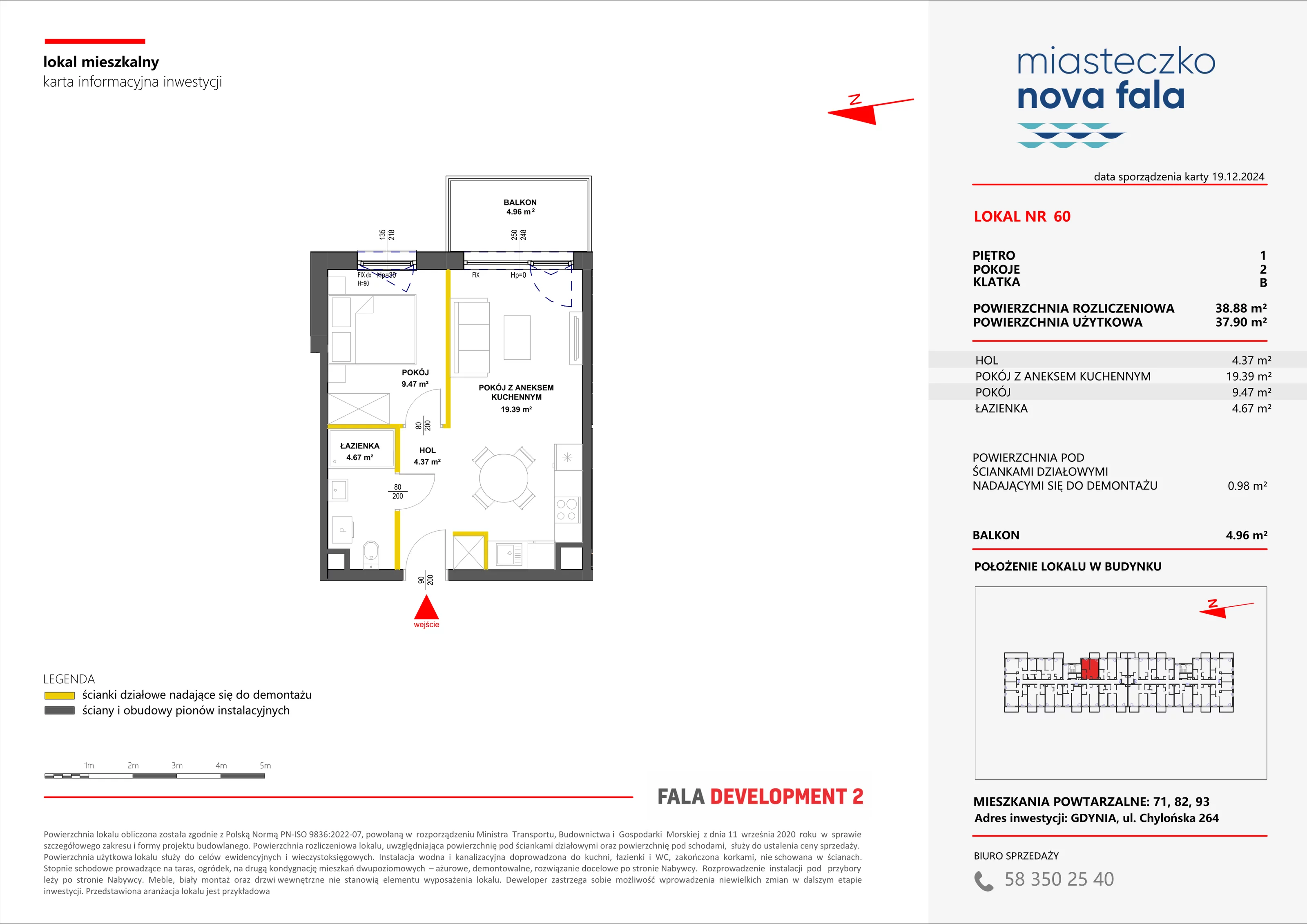 2 pokoje, mieszkanie 38,88 m², piętro 1, oferta nr 60, Miasteczko Nova Fala, Gdynia, Cisowa, ul. Chylońska 264