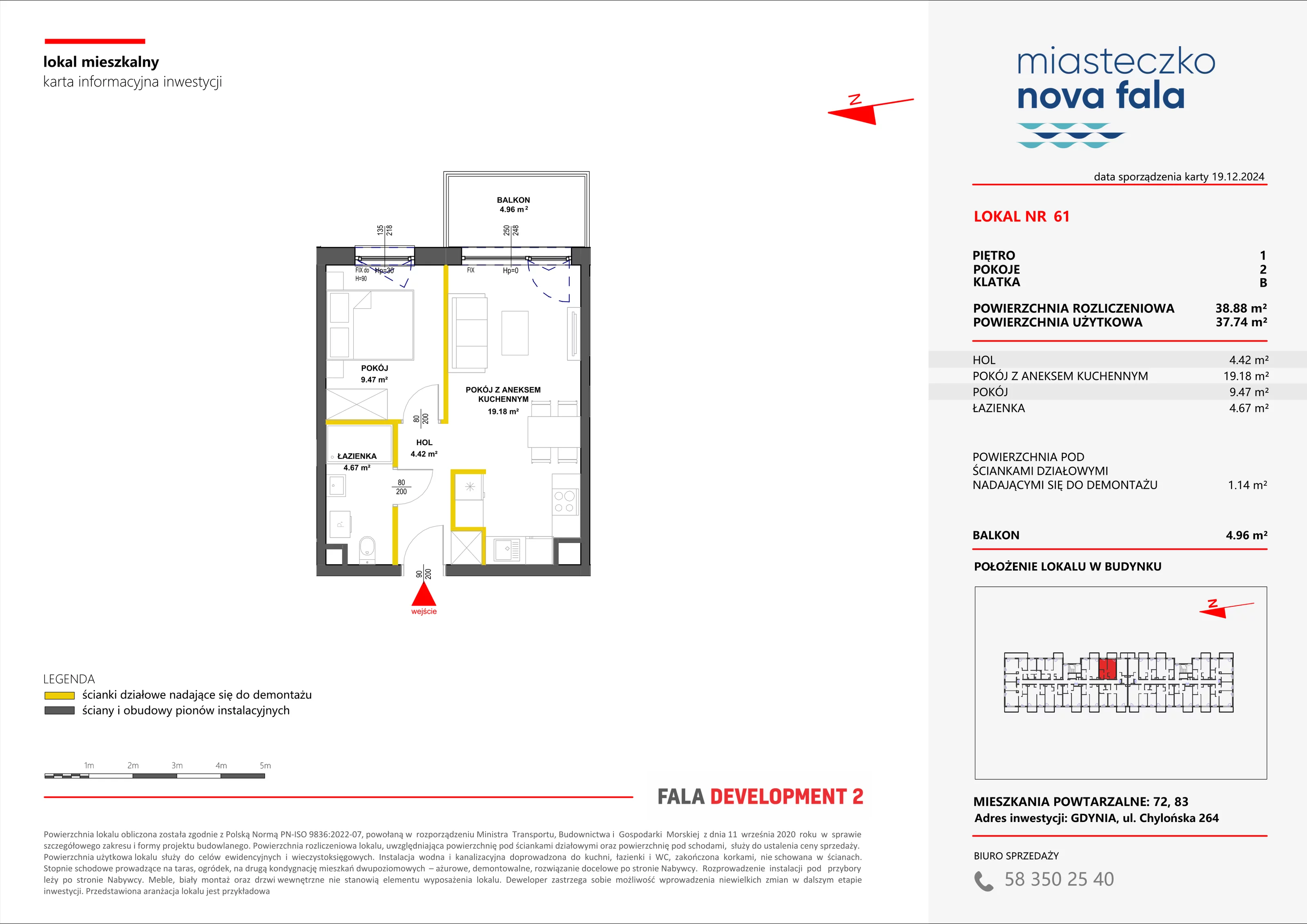 2 pokoje, mieszkanie 38,88 m², piętro 1, oferta nr 61, Miasteczko Nova Fala, Gdynia, Cisowa, ul. Chylońska 264