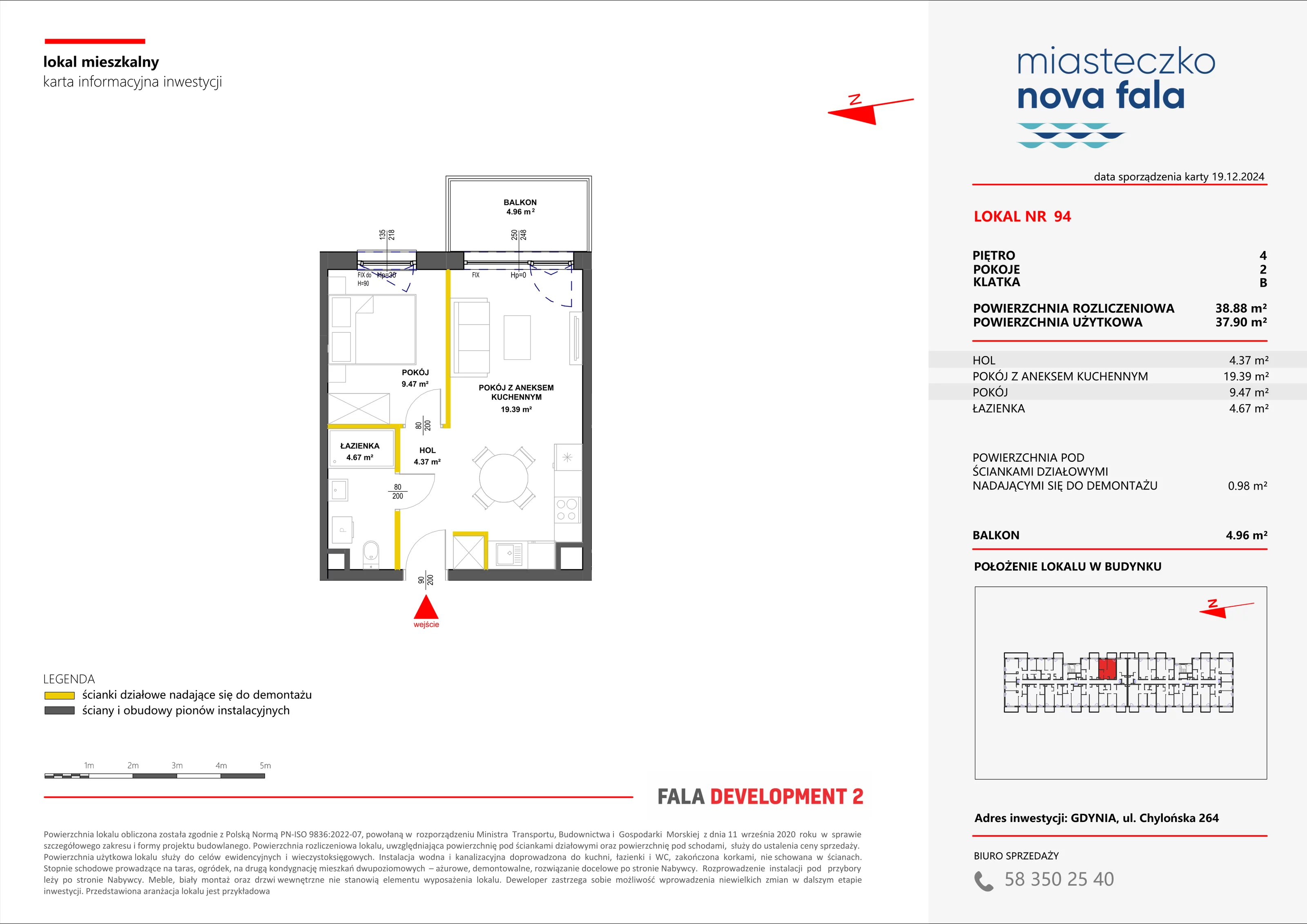 2 pokoje, mieszkanie 38,88 m², piętro 4, oferta nr 94, Miasteczko Nova Fala, Gdynia, Cisowa, ul. Chylońska 264