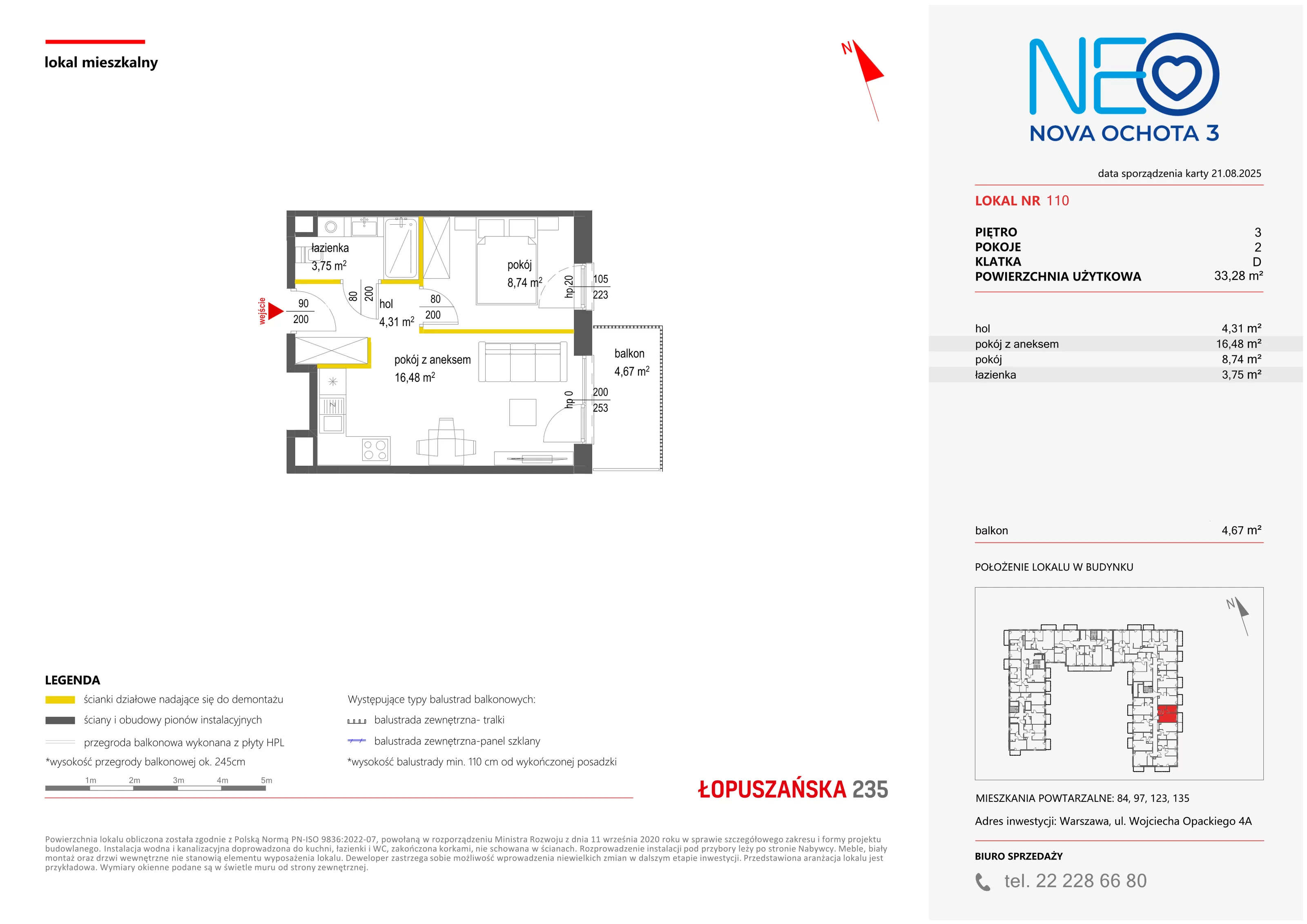 2 pokoje, mieszkanie 33,28 m², piętro 3, oferta nr III/110, Neo Nova Ochota 3, Warszawa, Włochy, Raków, ul. Wojciecha Opackiego 4A