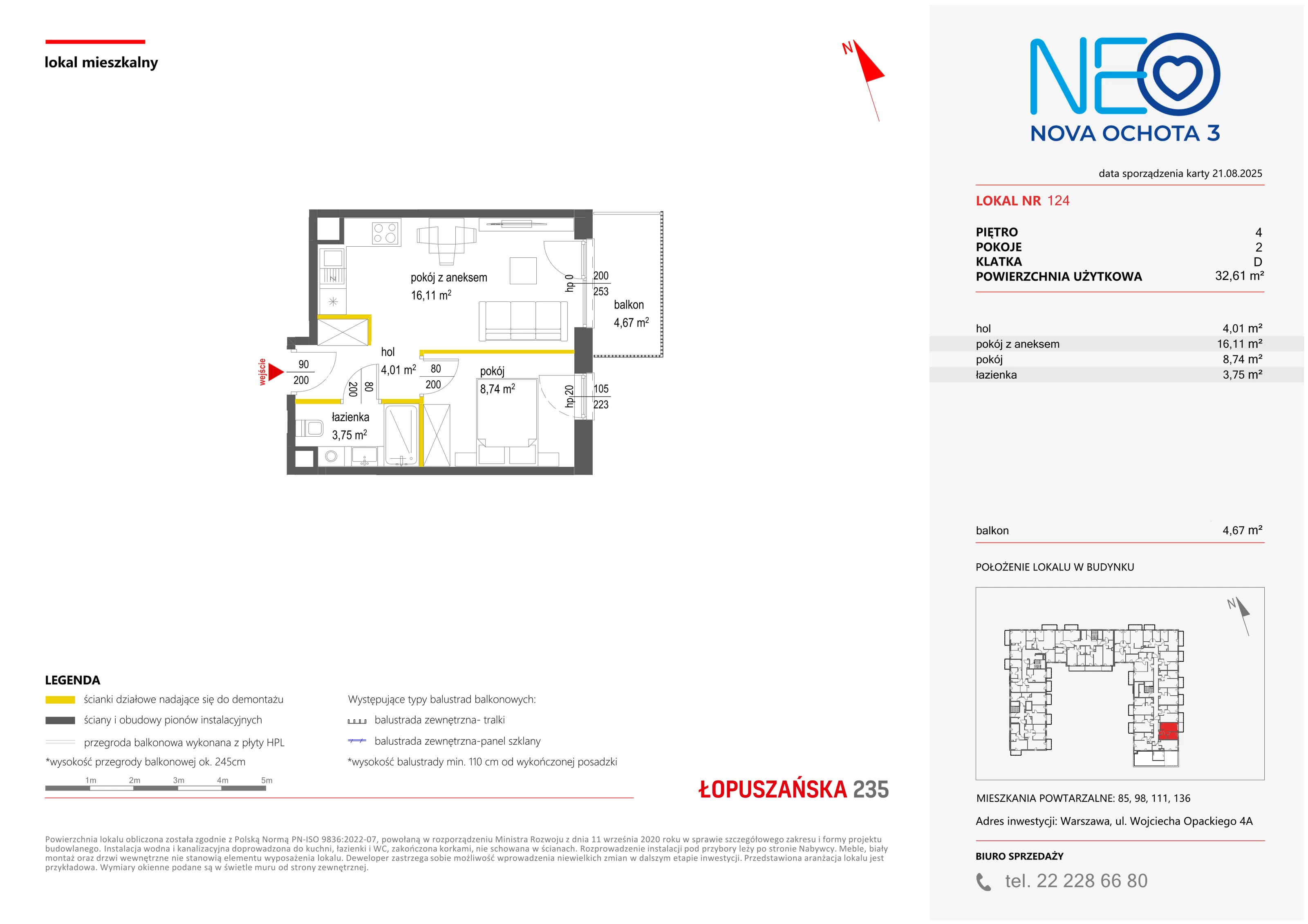 2 pokoje, mieszkanie 32,61 m², piętro 4, oferta nr III/124, Neo Nova Ochota 3, Warszawa, Włochy, Raków, ul. Wojciecha Opackiego 4A