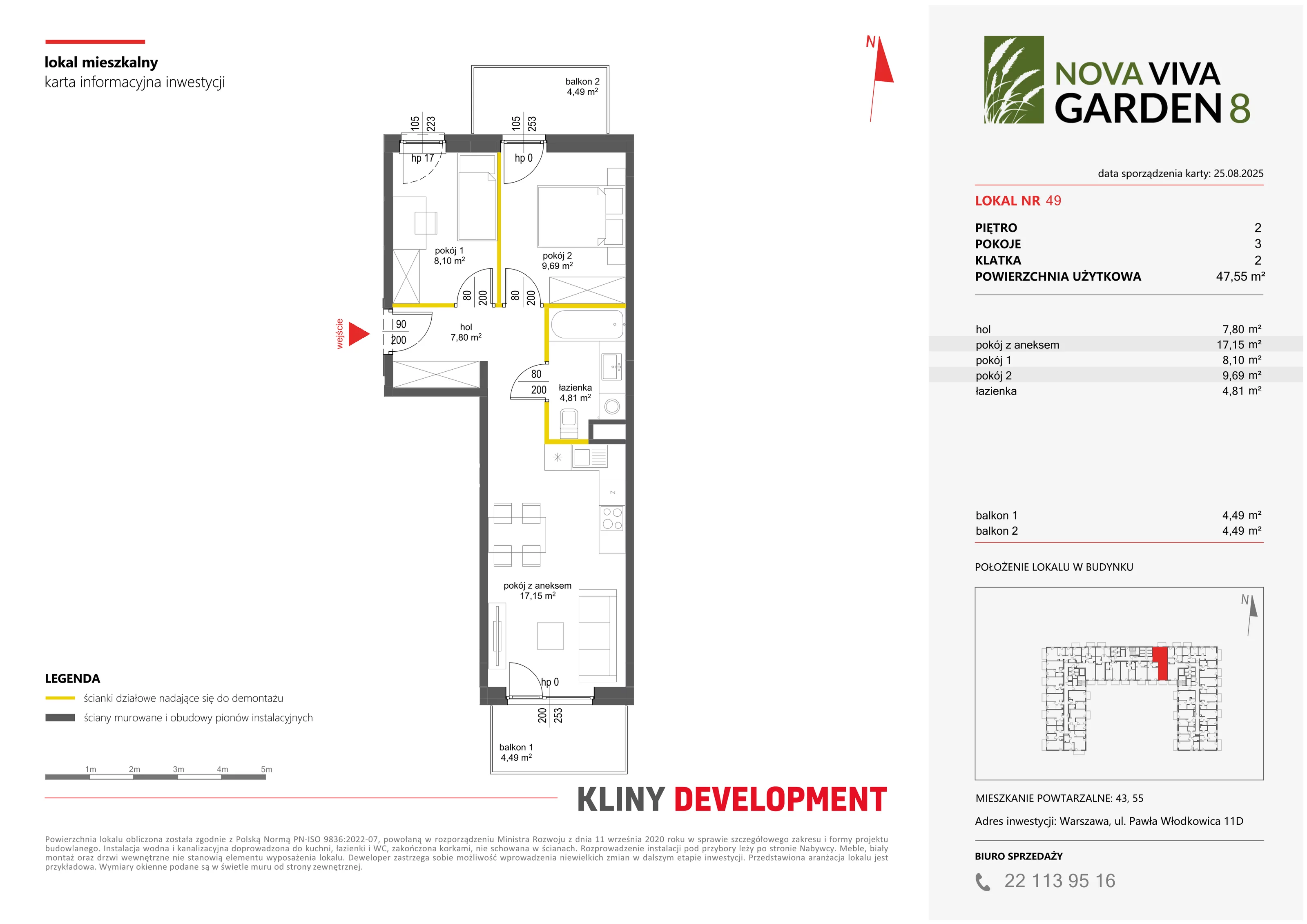 3 pokoje, mieszkanie 47,55 m², piętro 2, oferta nr VIII/49, Nova Viva Garden 8, Warszawa, Białołęka, Brzeziny, ul. Włodkowica 11D
