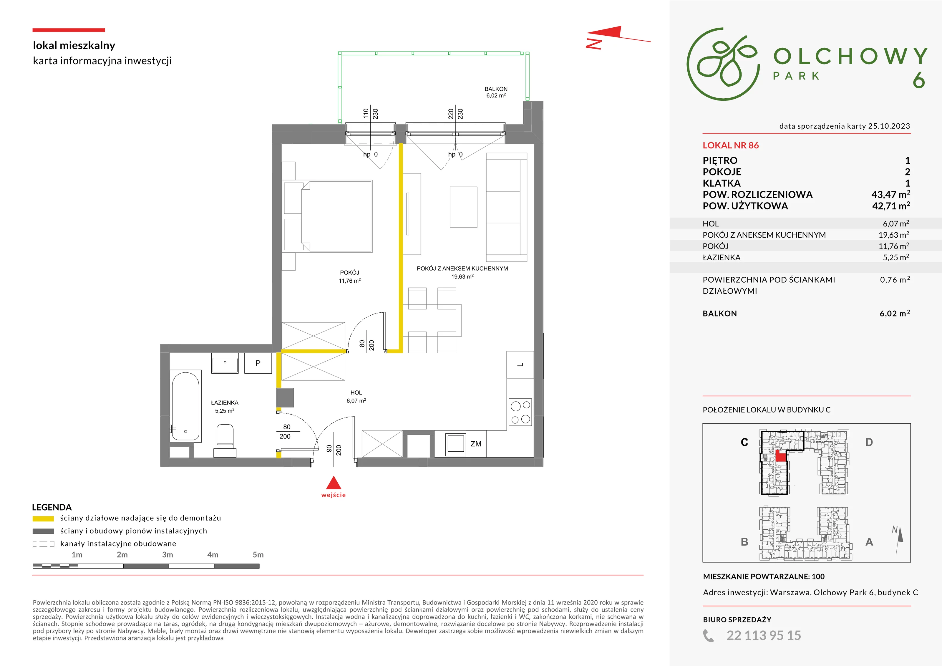 Mieszkanie 43,47 m², piętro 1, oferta nr VI/86, Olchowy Park, Warszawa, Białołęka, Kobiałka, ul. Marii Callas