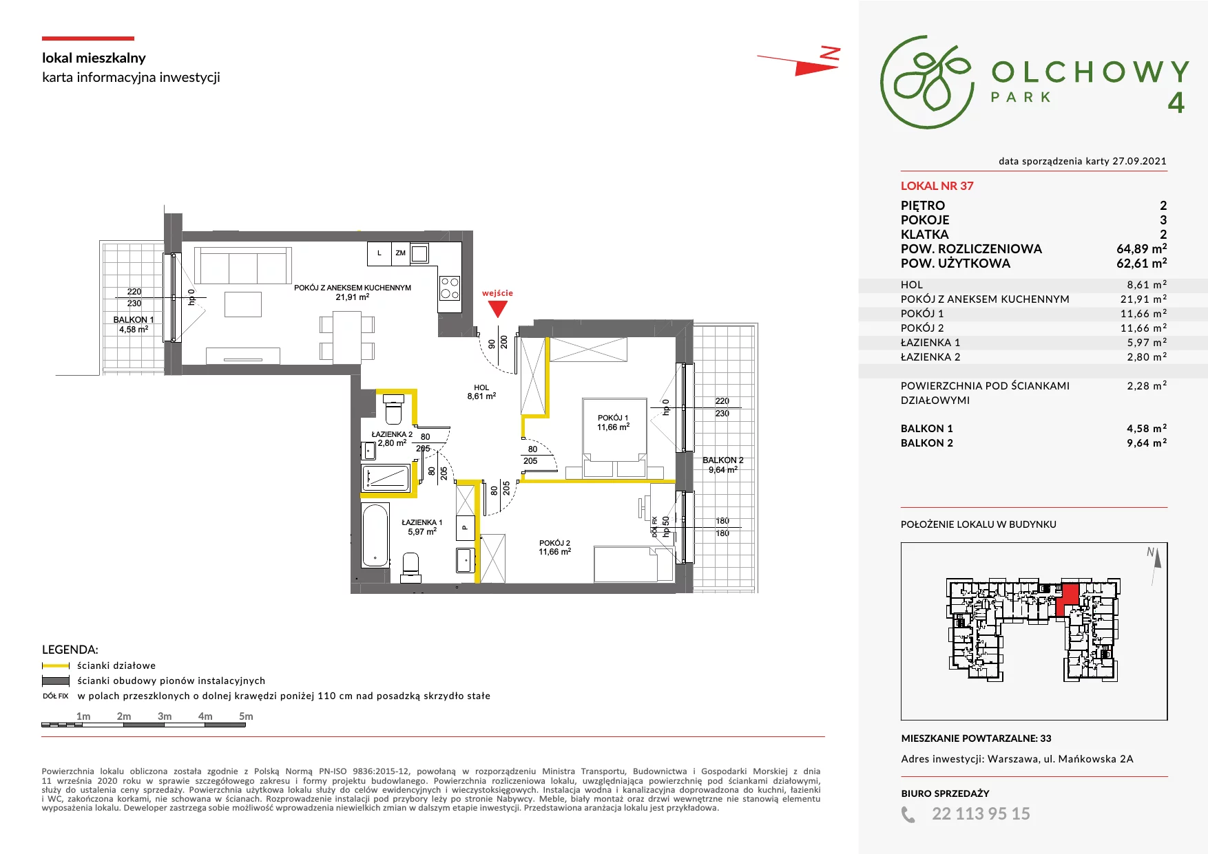 Mieszkanie 64,48 m², piętro 2, oferta nr IV/37, Olchowy Park, Warszawa, Białołęka, Kobiałka, ul. Marii Callas