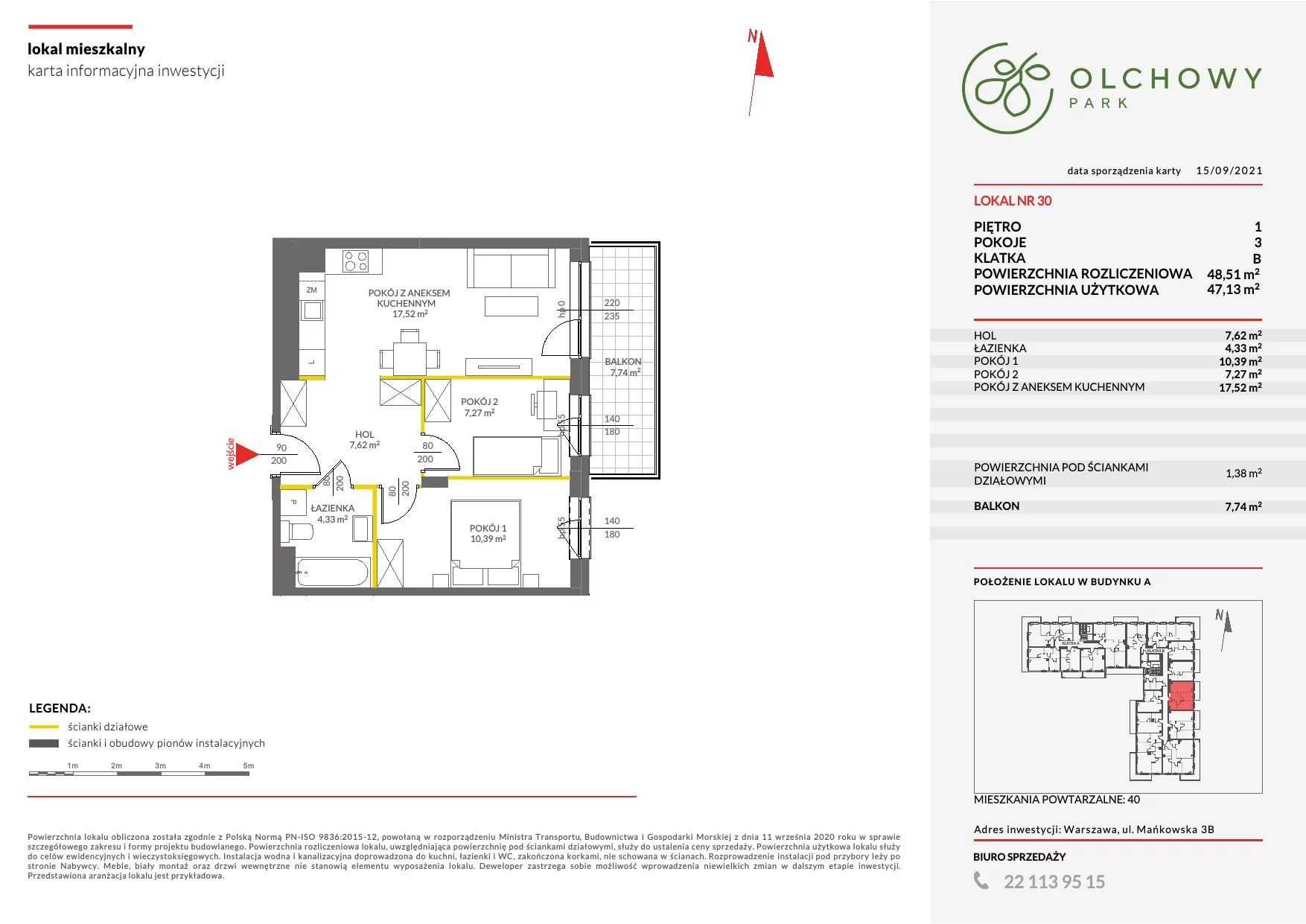 Mieszkanie 48,43 m², piętro 1, oferta nr I/30A, Olchowy Park, Warszawa, Białołęka, Kobiałka, ul. Marii Callas