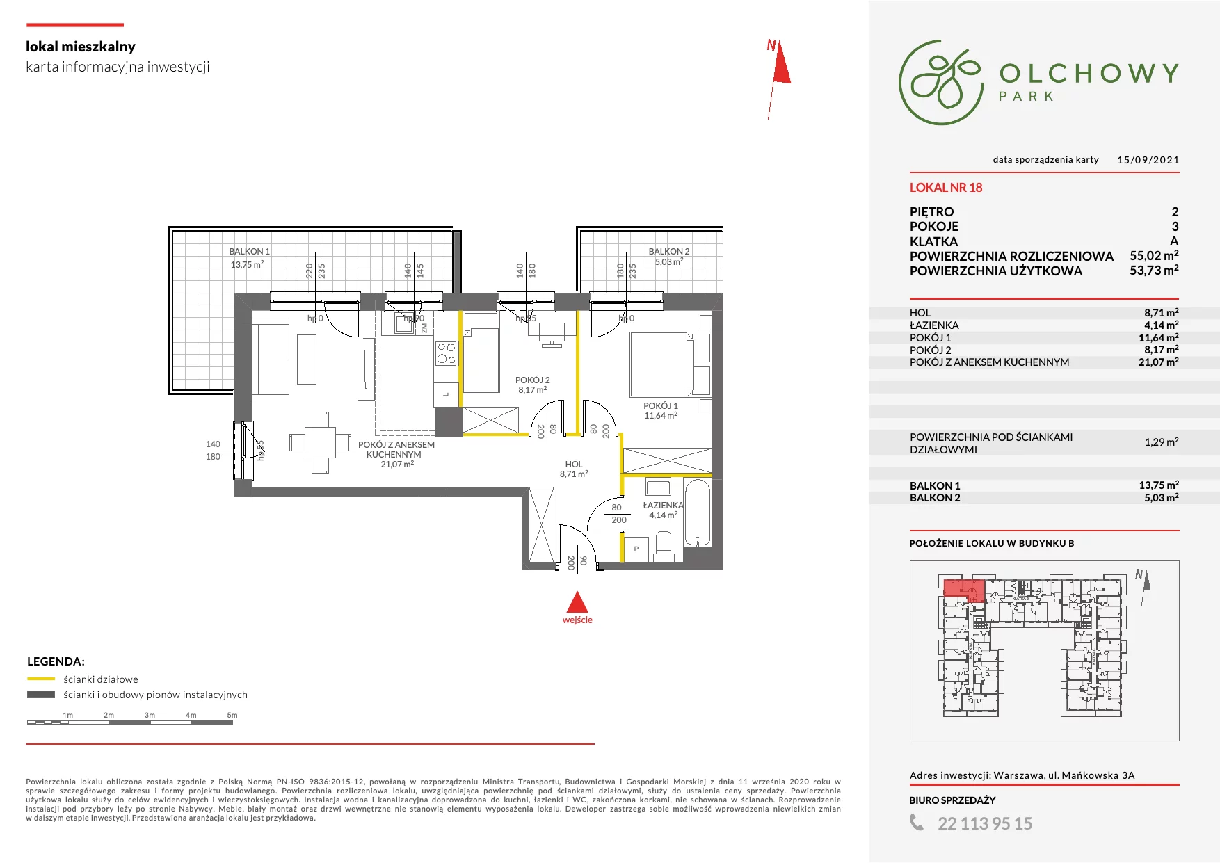 Mieszkanie 54,92 m², piętro 2, oferta nr I/18B, Olchowy Park, Warszawa, Białołęka, Kobiałka, ul. Marii Callas