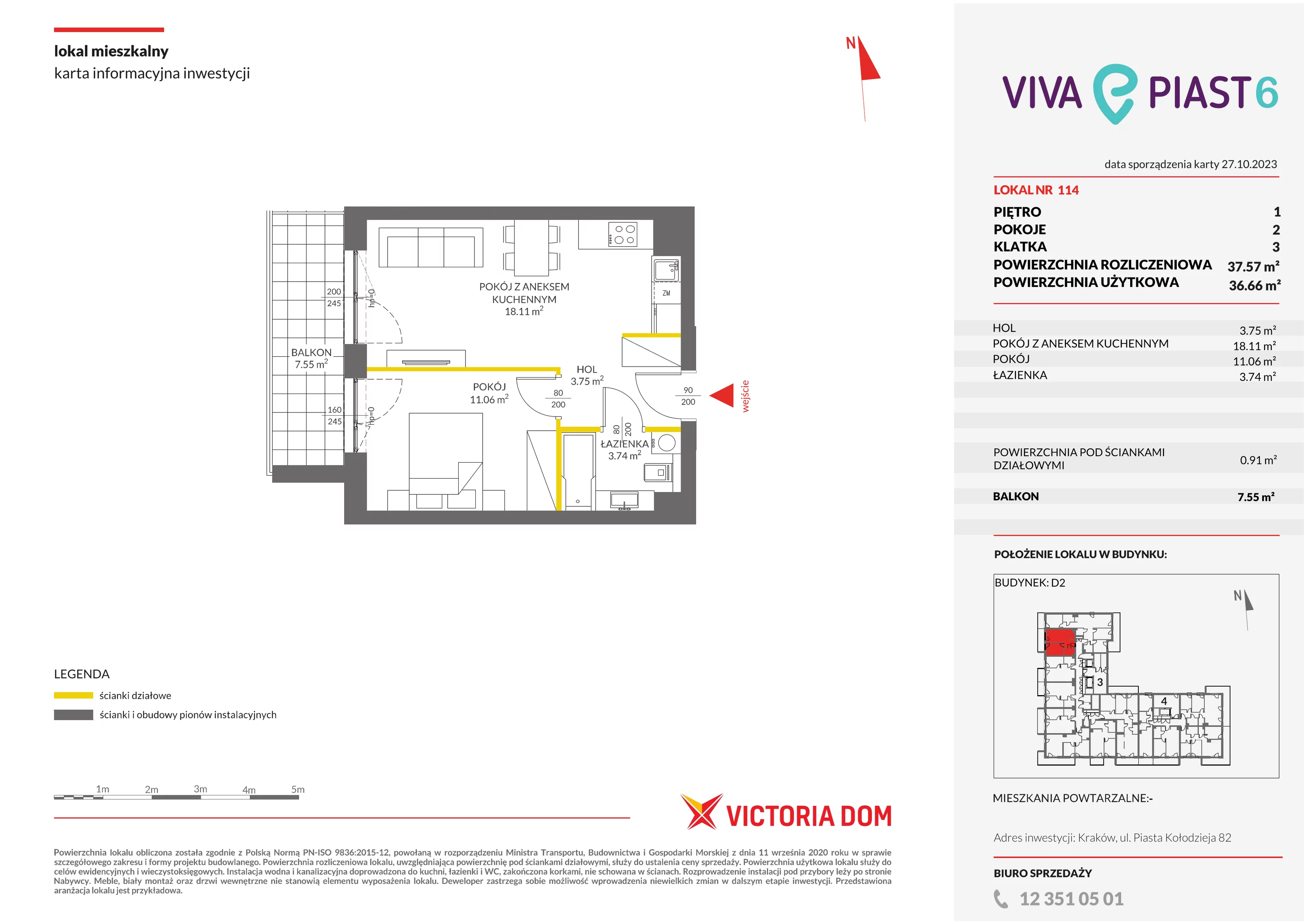 Mieszkanie 37,57 m², piętro 1, oferta nr VI/114, Viva Piast 6, Kraków, Mistrzejowice, ul. Powstańców 82