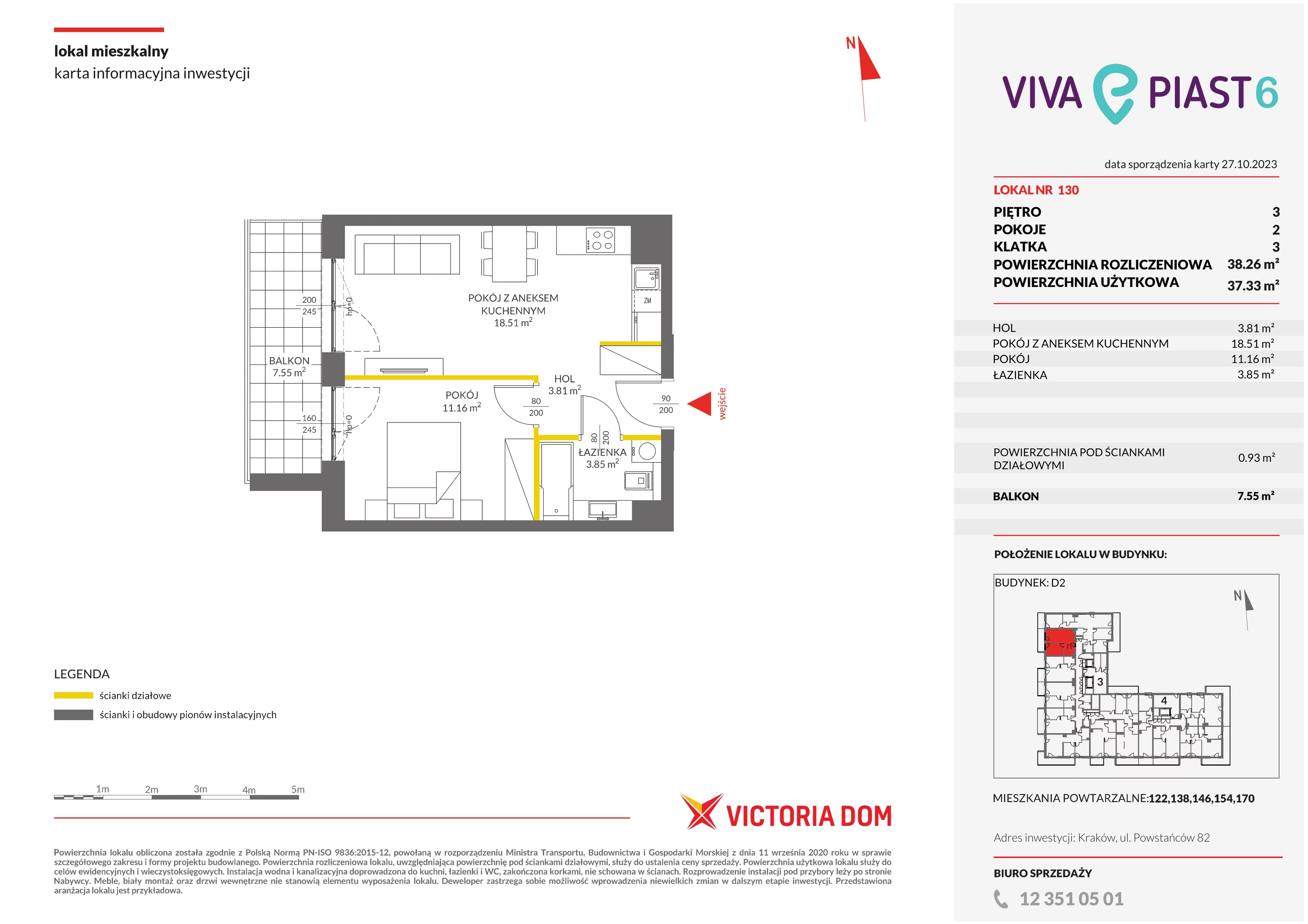 Mieszkanie 38,26 m², piętro 3, oferta nr VI/130, Viva Piast 6, Kraków, Mistrzejowice, ul. Powstańców 82