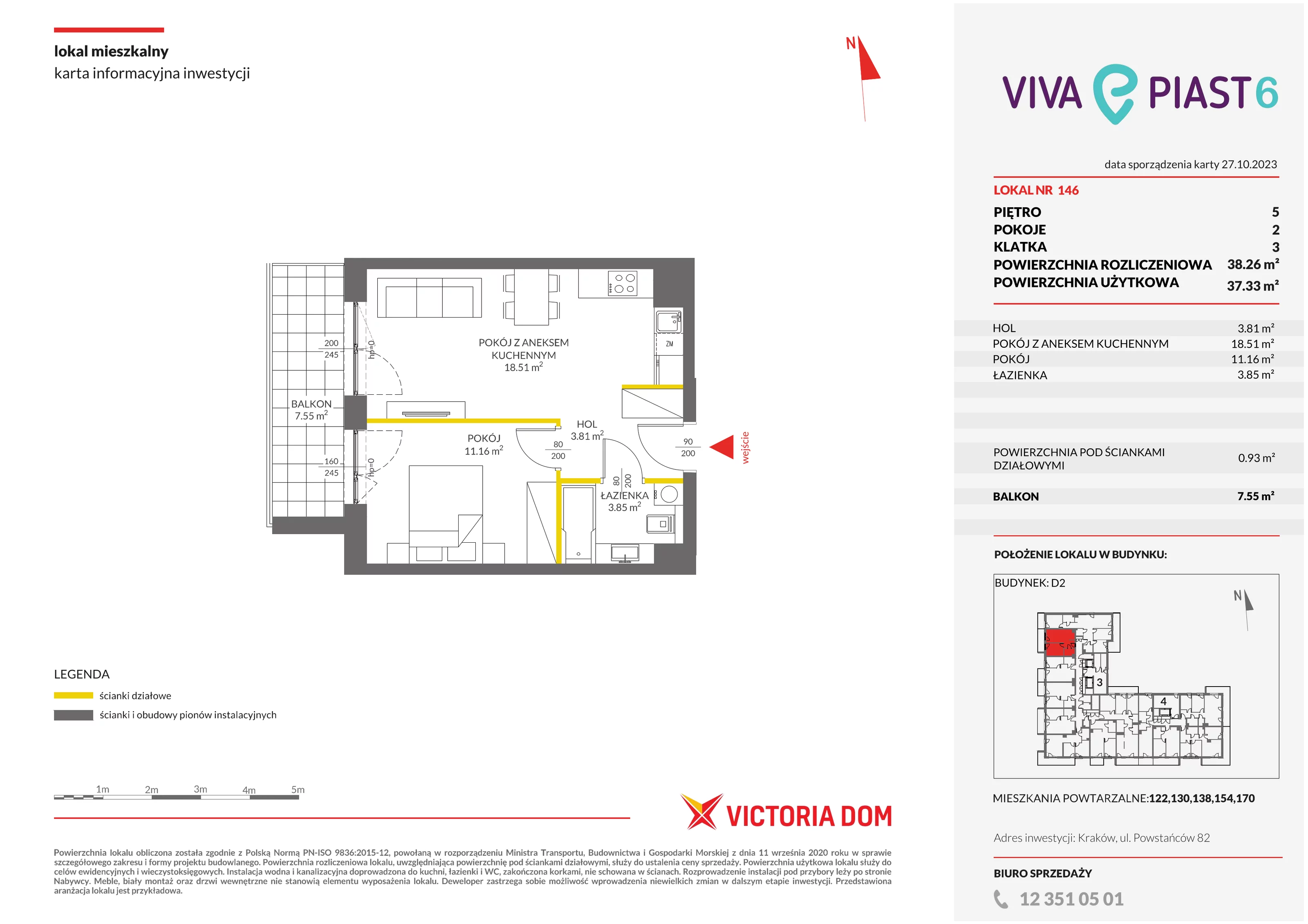 Mieszkanie 38,26 m², piętro 5, oferta nr VI/146, Viva Piast 6, Kraków, Mistrzejowice, ul. Powstańców 82