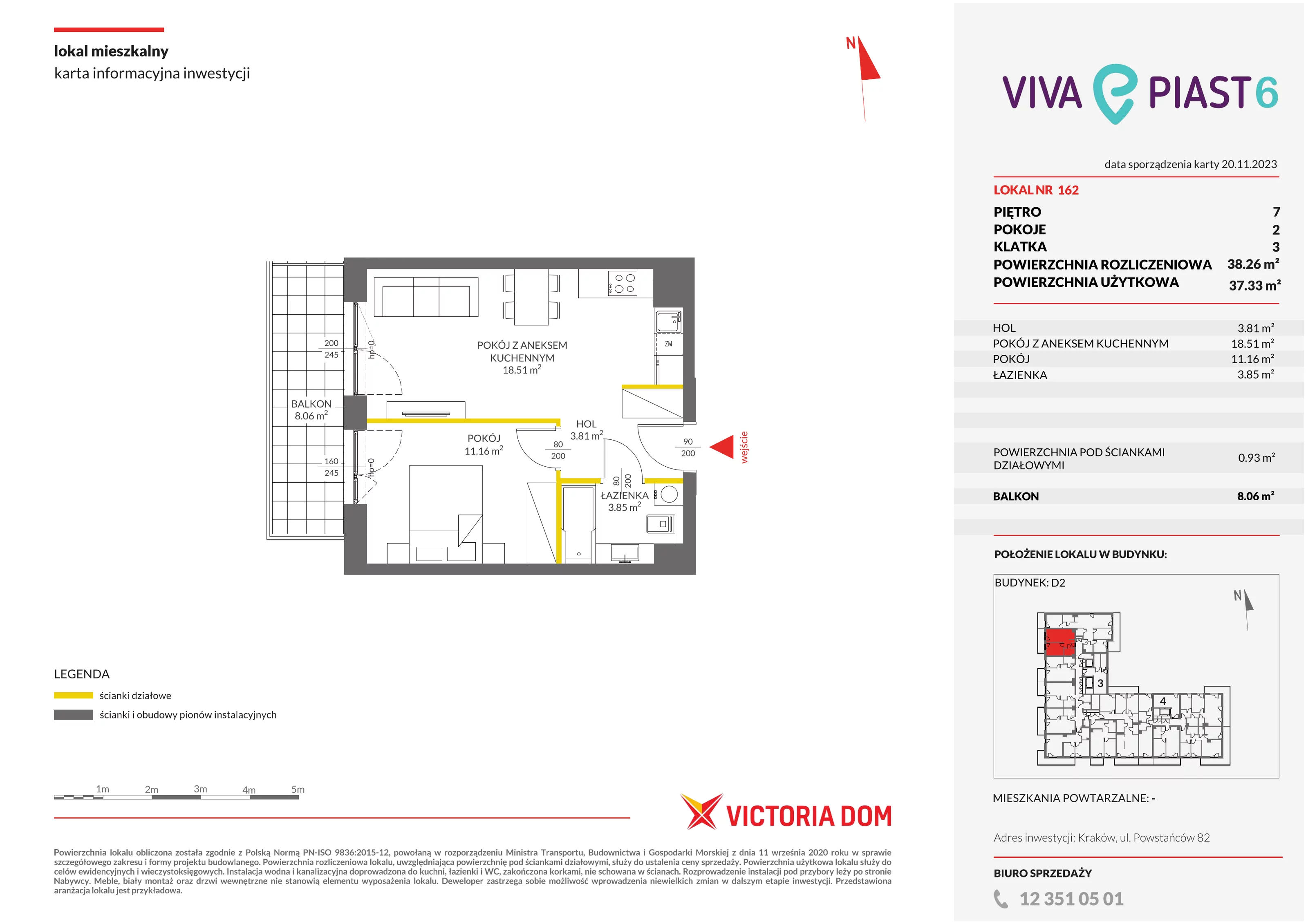 Mieszkanie 38,26 m², piętro 7, oferta nr VI/162, Viva Piast 6, Kraków, Mistrzejowice, ul. Powstańców 82