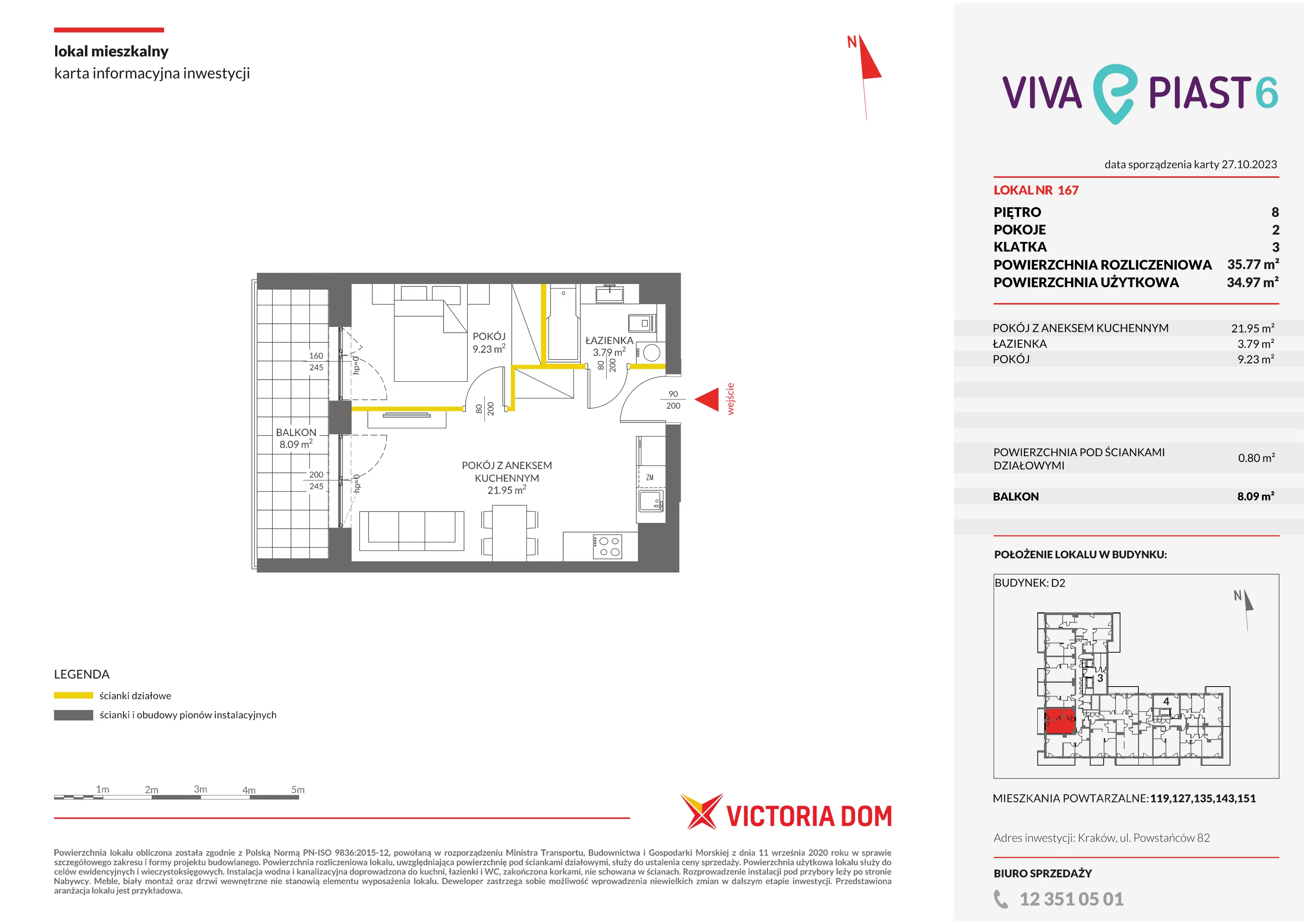 Mieszkanie 35,77 m², piętro 8, oferta nr VI/167, Viva Piast 6, Kraków, Mistrzejowice, ul. Powstańców 82