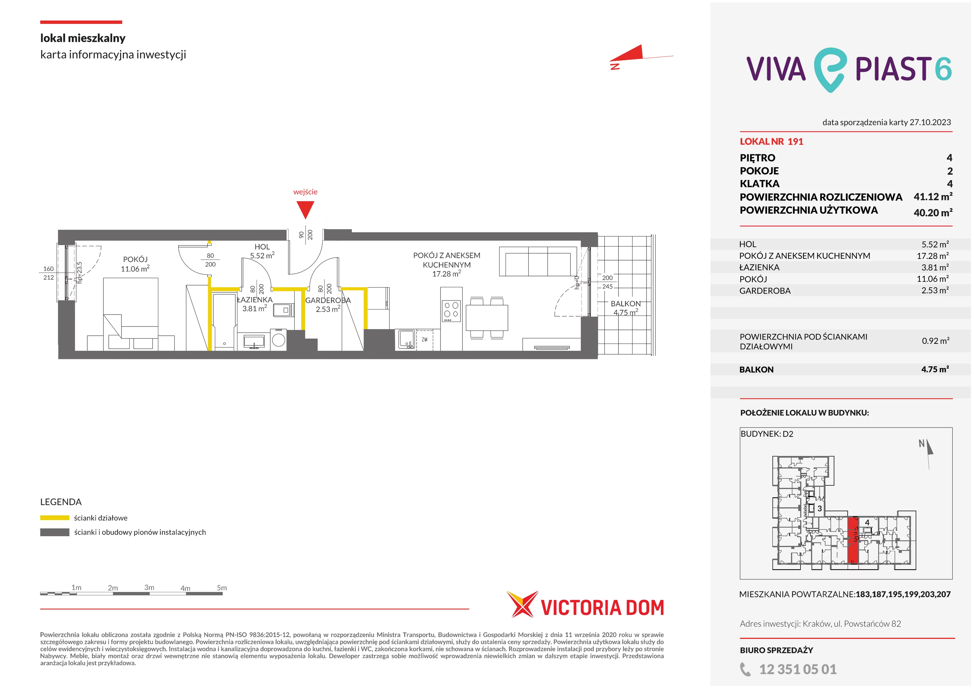 Mieszkanie 41,12 m², piętro 4, oferta nr VI/191, Viva Piast 6, Kraków, Mistrzejowice, ul. Powstańców 82