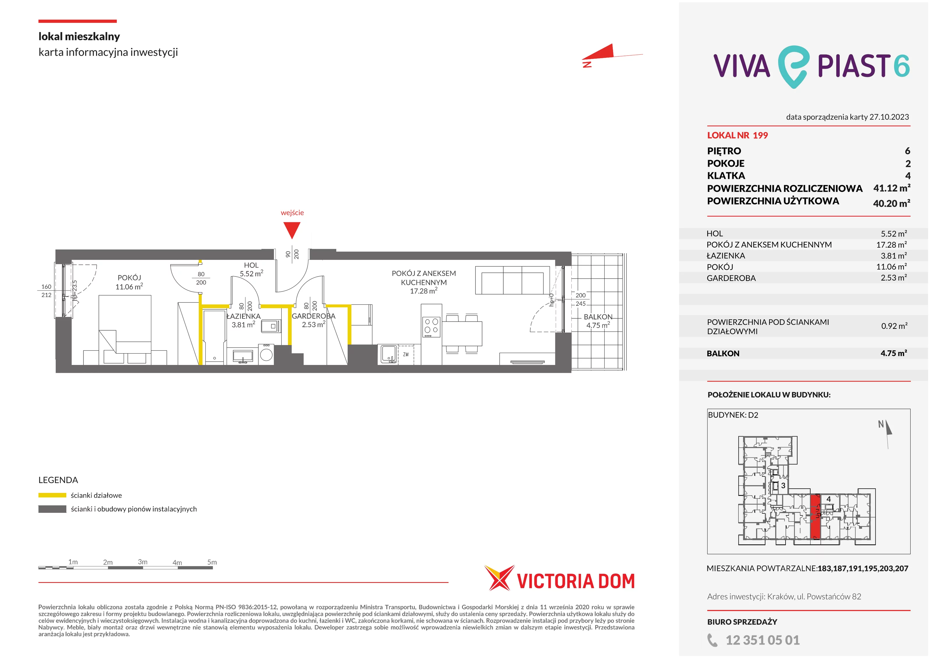 Mieszkanie 41,12 m², piętro 6, oferta nr VI/199, Viva Piast 6, Kraków, Mistrzejowice, ul. Powstańców 82