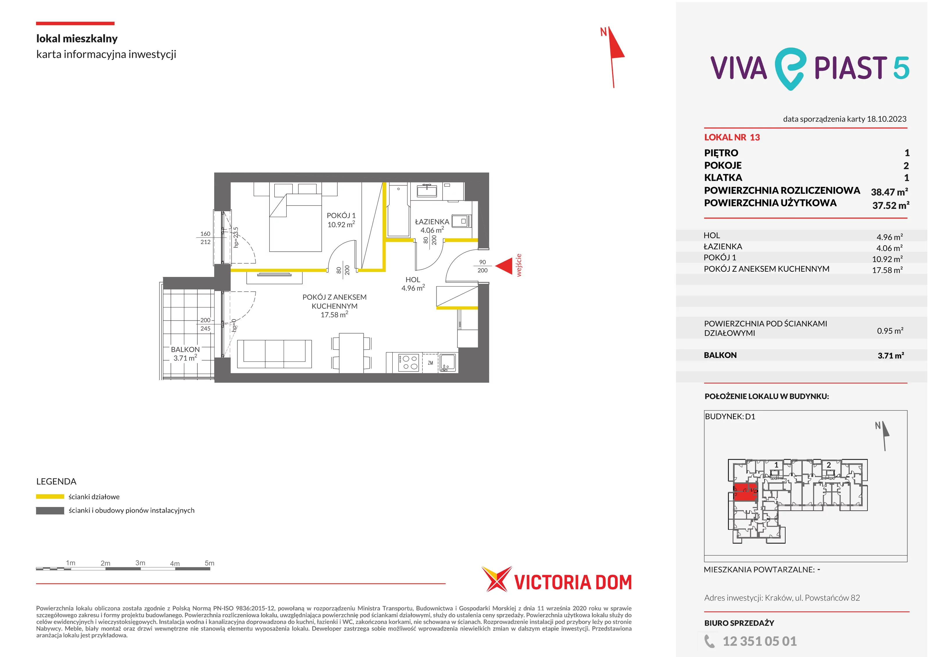 2 pokoje, mieszkanie 38,47 m², piętro 1, oferta nr V/13, Viva Piast, Kraków, Mistrzejowice, ul. Powstańców