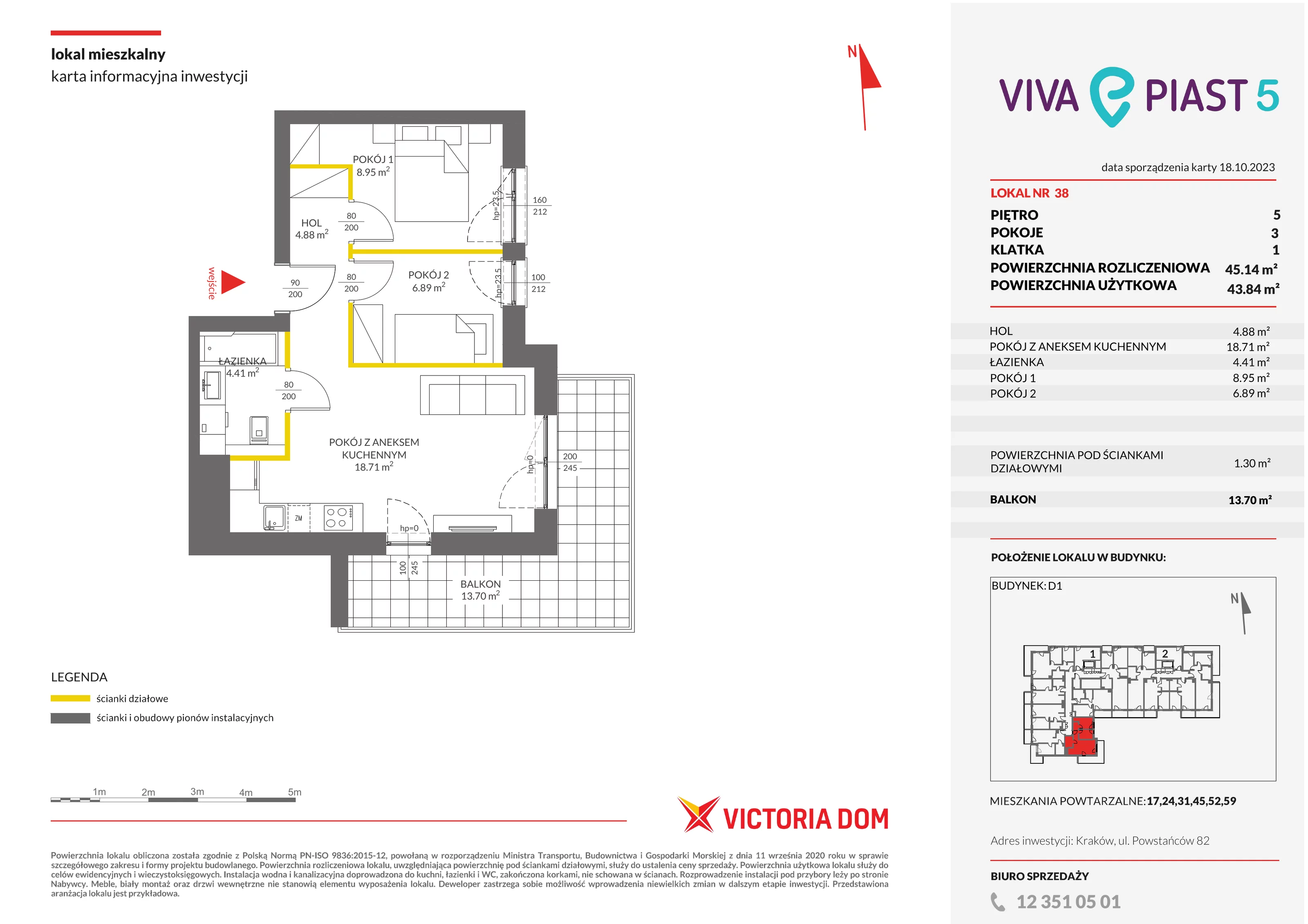 3 pokoje, mieszkanie 45,14 m², piętro 5, oferta nr V/38, Viva Piast, Kraków, Mistrzejowice, ul. Powstańców