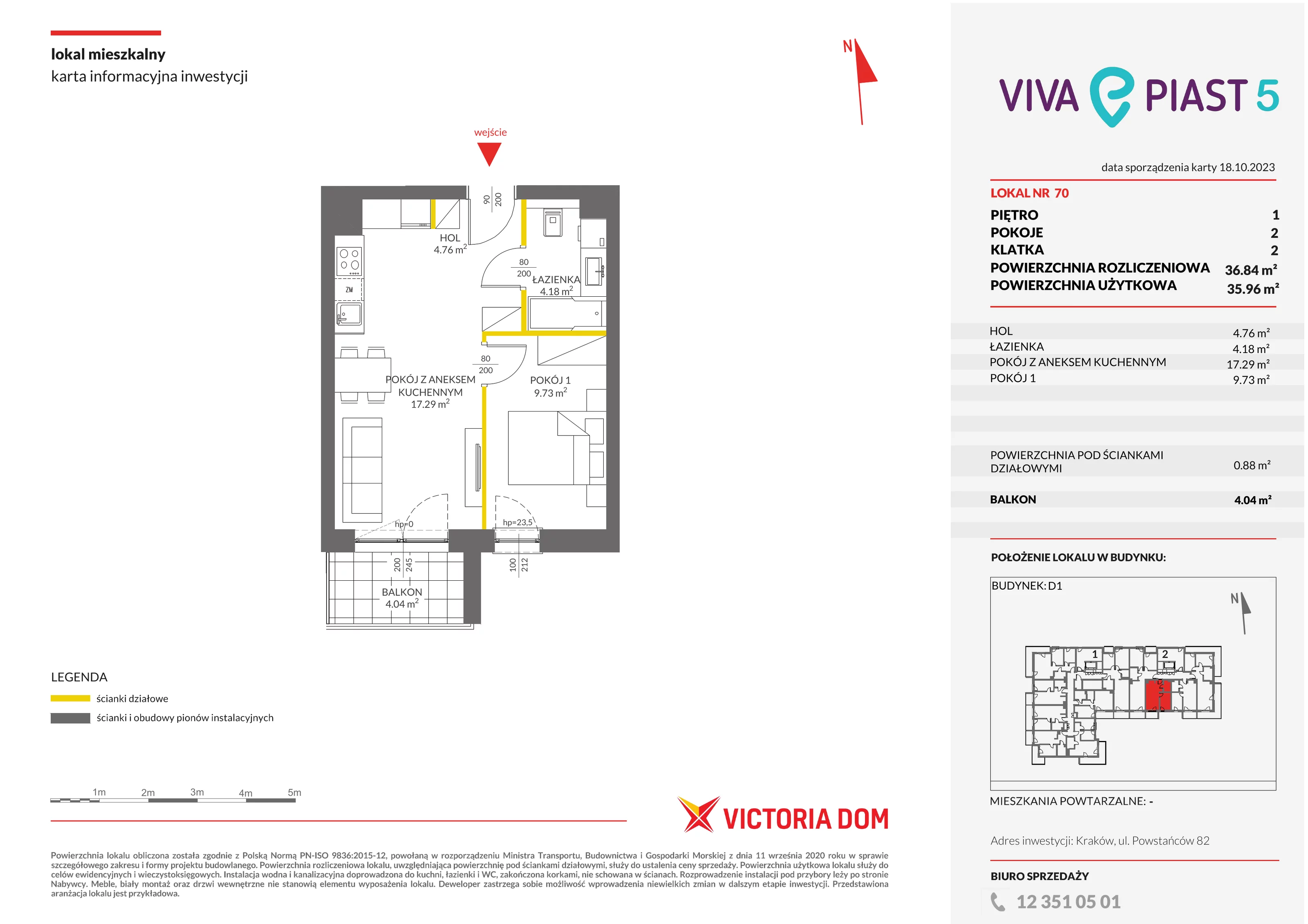 Mieszkanie 36,84 m², piętro 1, oferta nr V/70, Viva Piast, Kraków, Mistrzejowice, ul. Piasta Kołodzieja