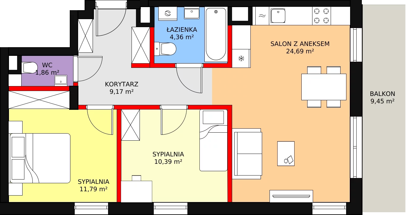 3 pokoje, mieszkanie 58,88 m², piętro 1, oferta nr B2/9, Osiedle ŚwiatoVida, Warszawa, Białołęka, Tarchomin, ul. Pałuków