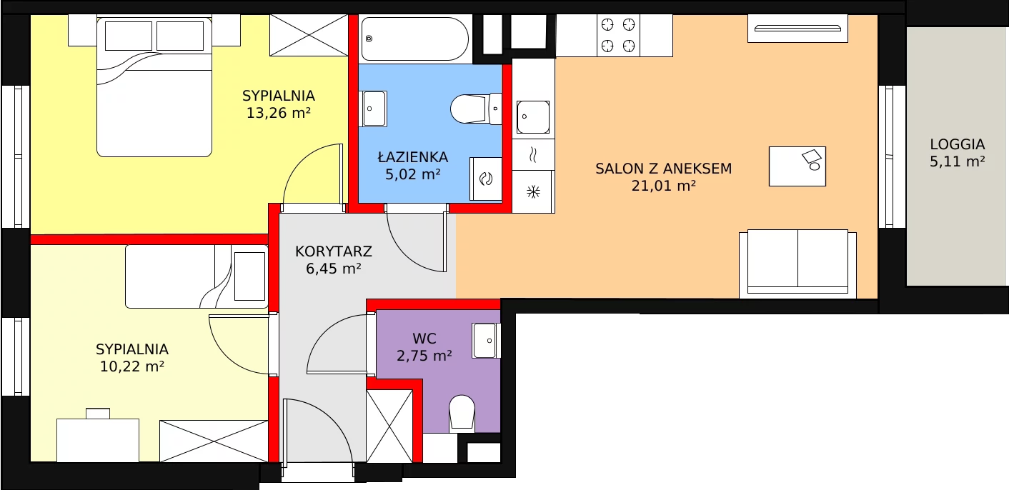 3 pokoje, mieszkanie 58,72 m², piętro 1, oferta nr B2/13, Osiedle ŚwiatoVida, Warszawa, Białołęka, Tarchomin, ul. Pałuków