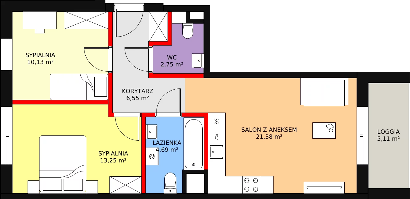 3 pokoje, mieszkanie 59,31 m², piętro 1, oferta nr B2/62, Osiedle ŚwiatoVida, Warszawa, Białołęka, Tarchomin, ul. Pałuków