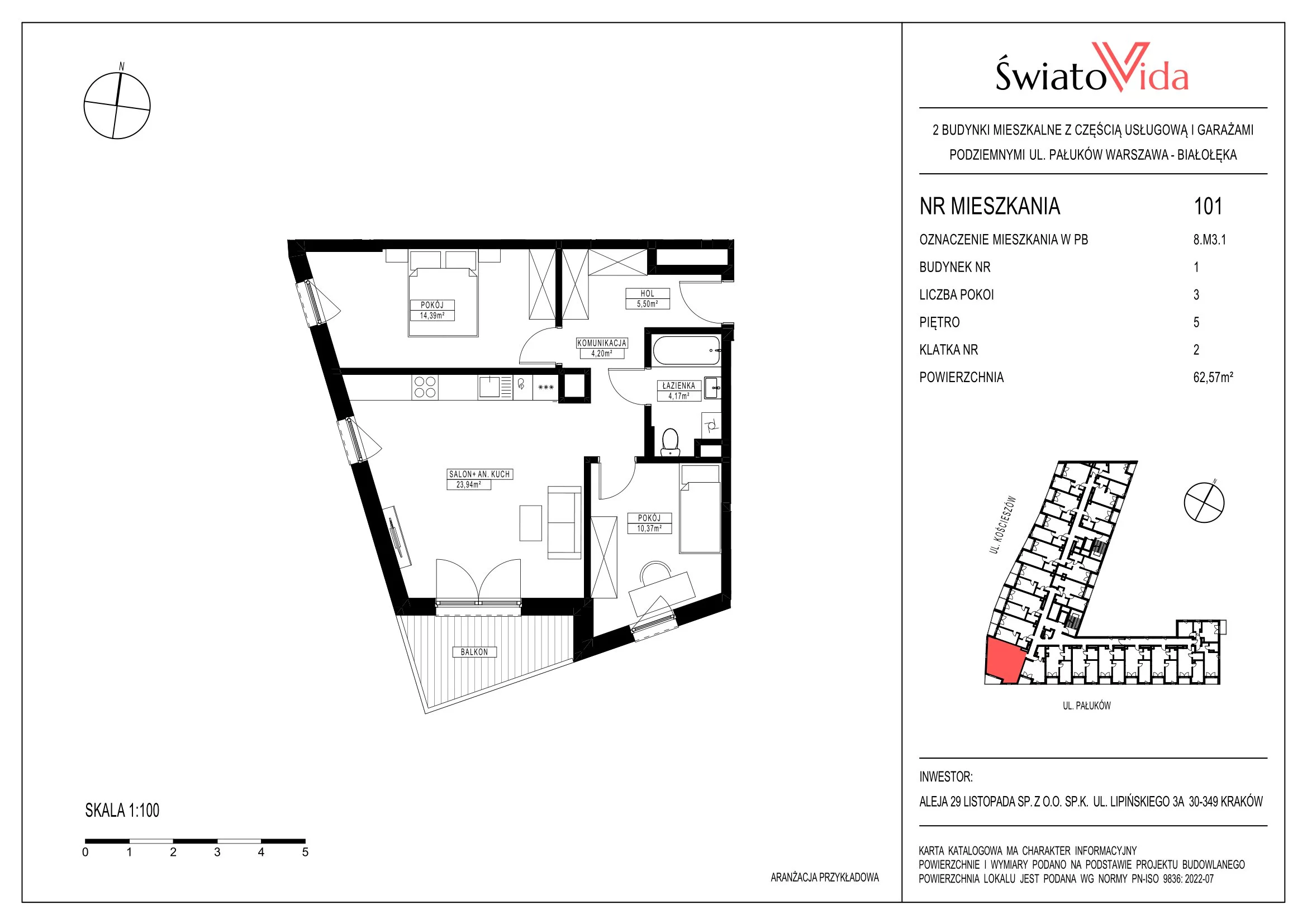 Mieszkanie 62,23 m², piętro 5, oferta nr 101, Osiedle ŚwiatoVida, Warszawa, Białołęka, Tarchomin, ul. Pałuków