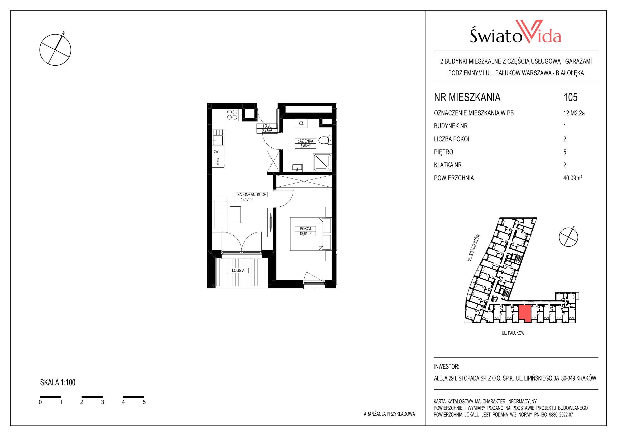 Mieszkanie 40,09 m², piętro 5, oferta nr 105, Osiedle ŚwiatoVida, Warszawa, Białołęka, Tarchomin, ul. Pałuków