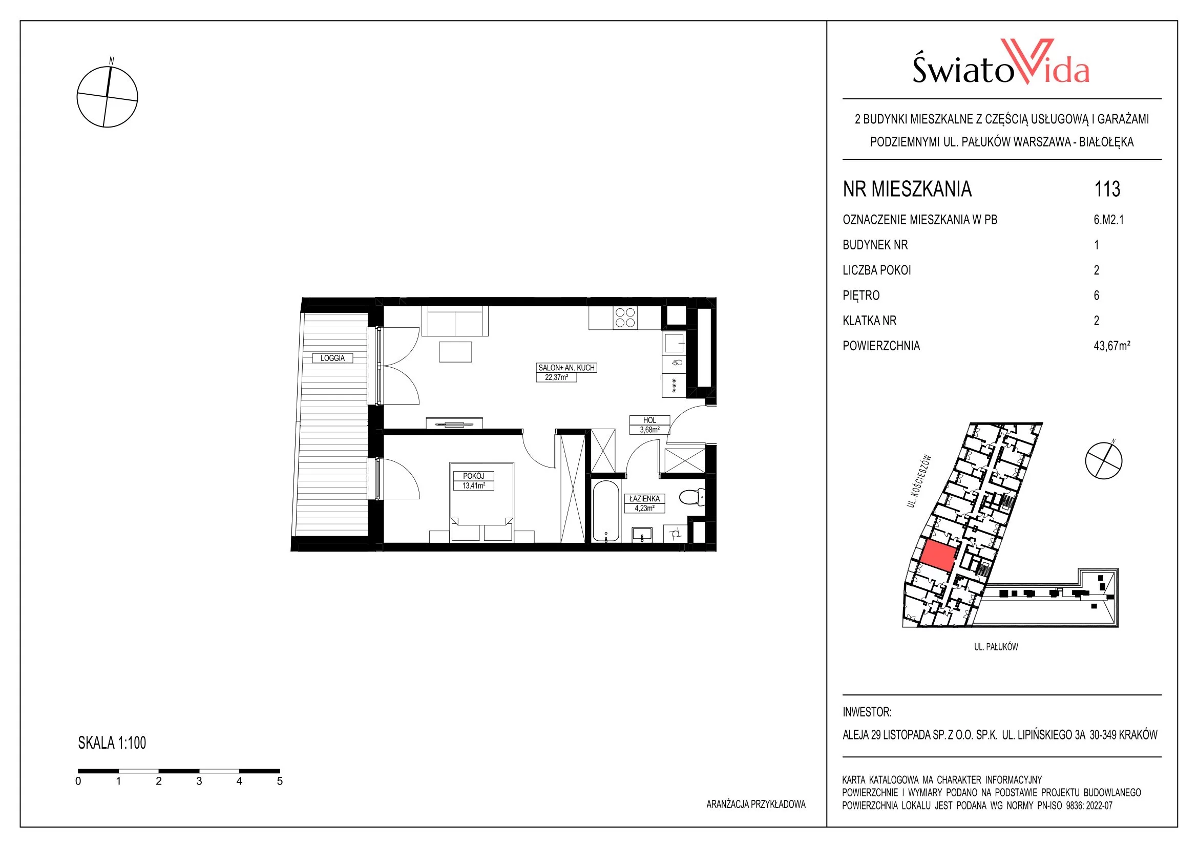 Mieszkanie 43,67 m², piętro 6, oferta nr 113, Osiedle ŚwiatoVida, Warszawa, Białołęka, Tarchomin, ul. Pałuków