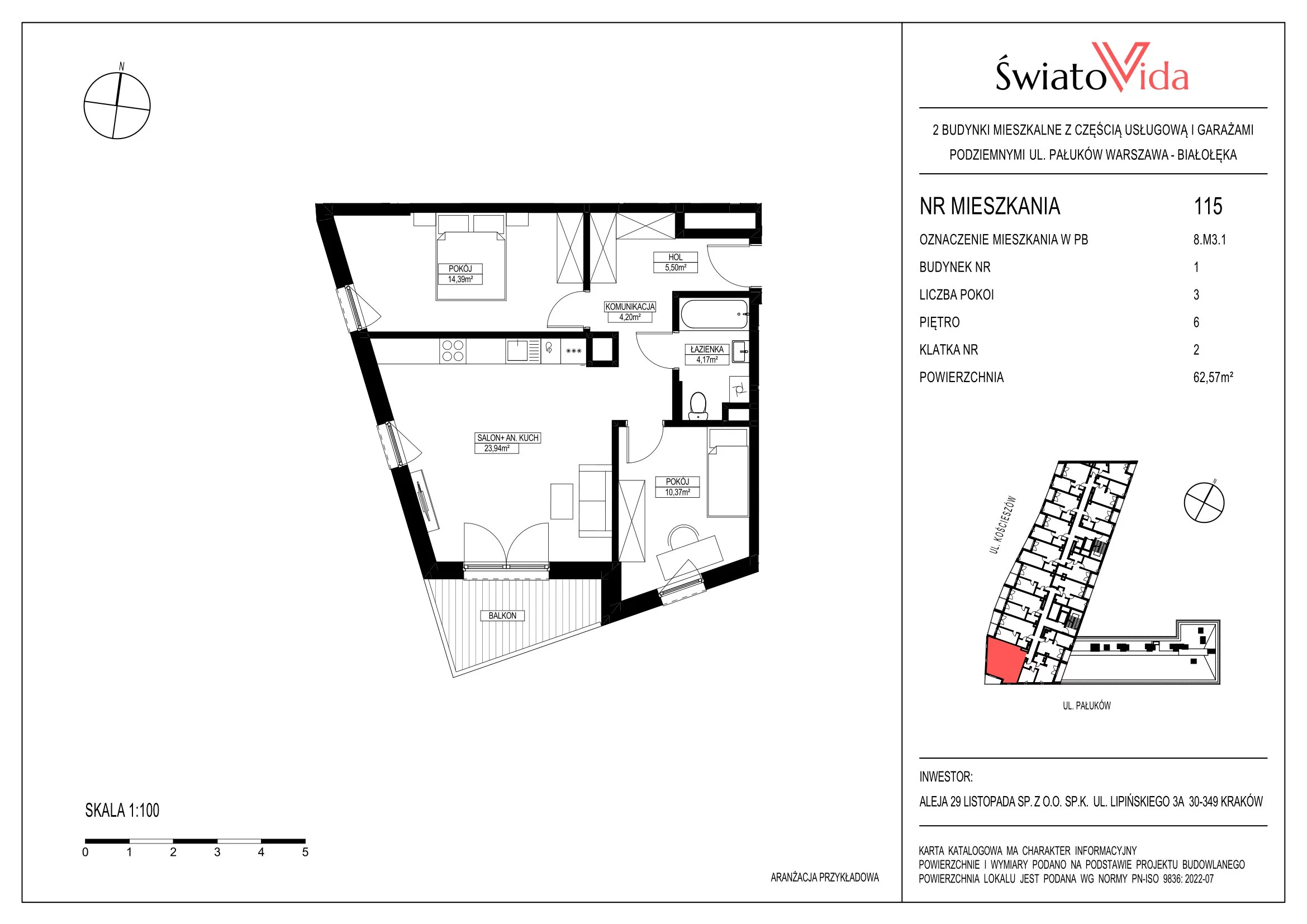 Mieszkanie 62,23 m², piętro 6, oferta nr 115, Osiedle ŚwiatoVida, Warszawa, Białołęka, Tarchomin, ul. Pałuków